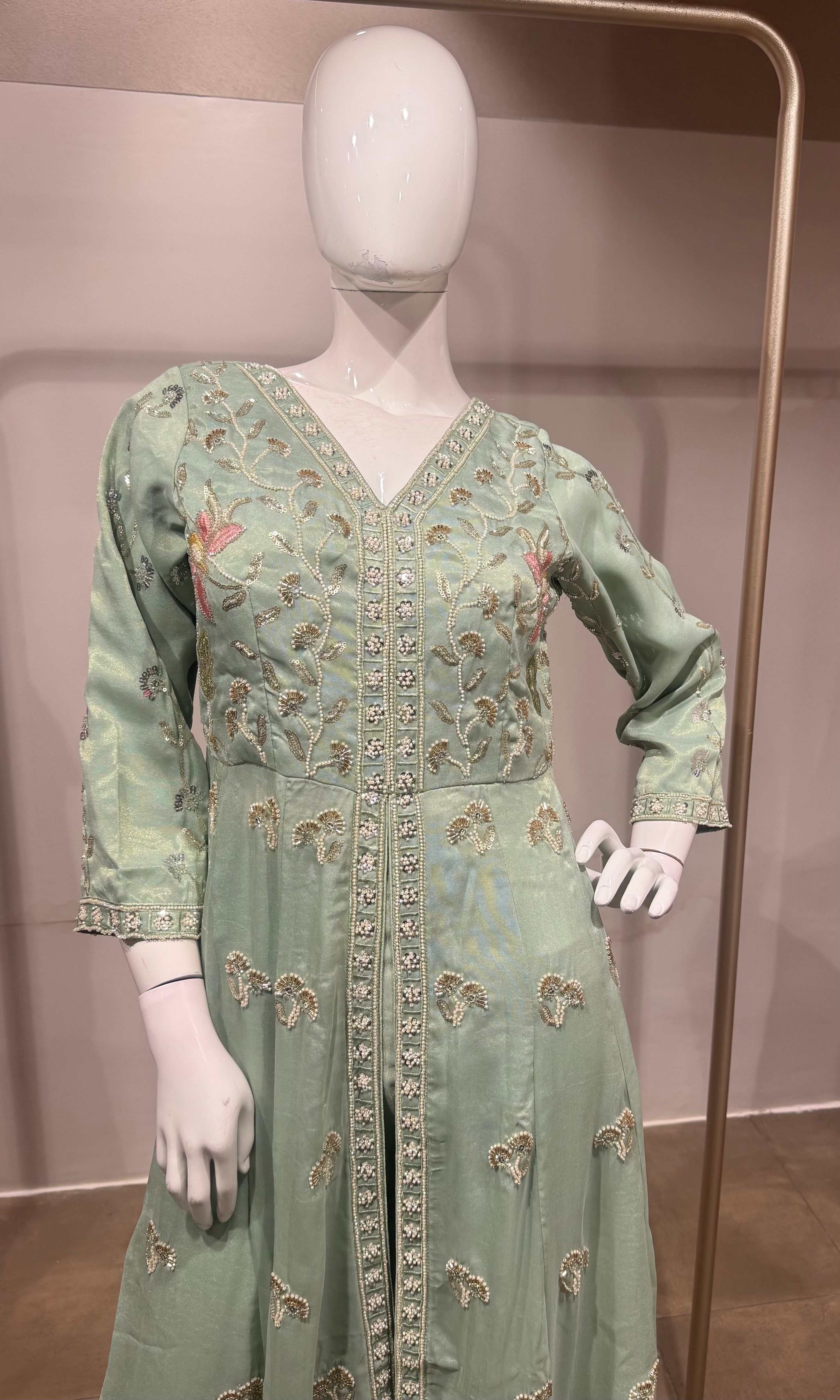 Mint Green Floral Embroidered Anarkali Front slit Set