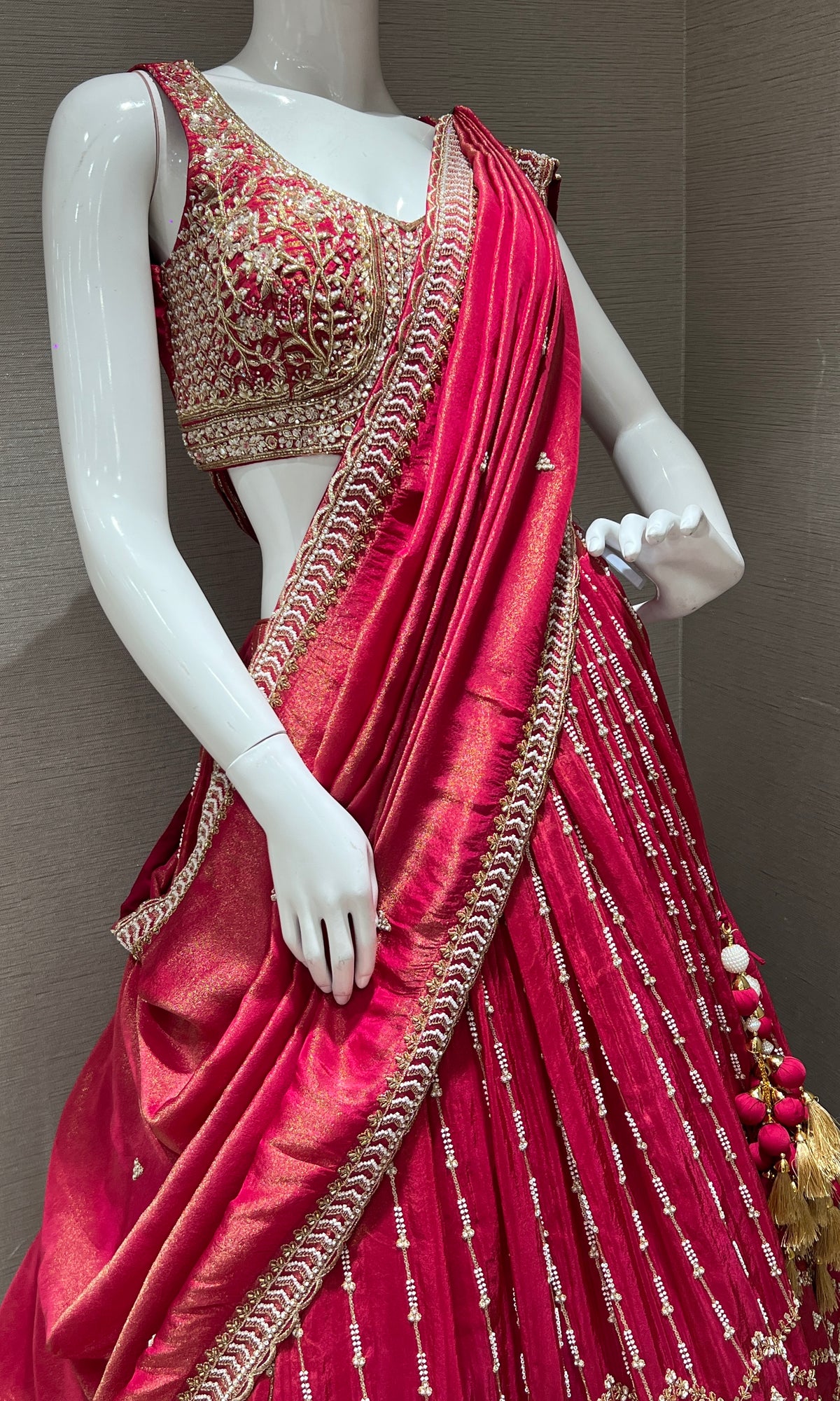 Bright red maroon tissue Embroidered Lehenga