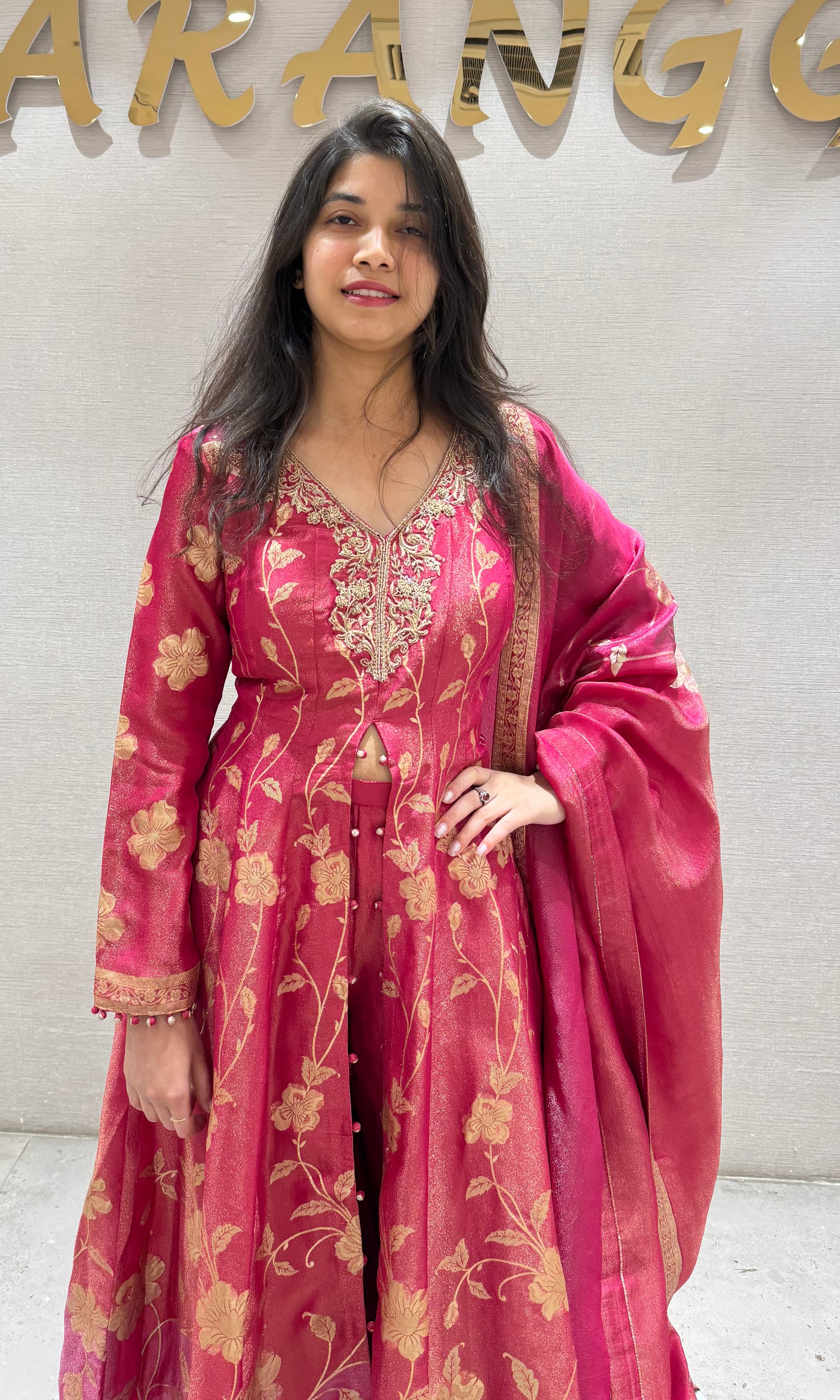 Pink GOLDEN FLORAL EMBROIDERY ANARKALI SET