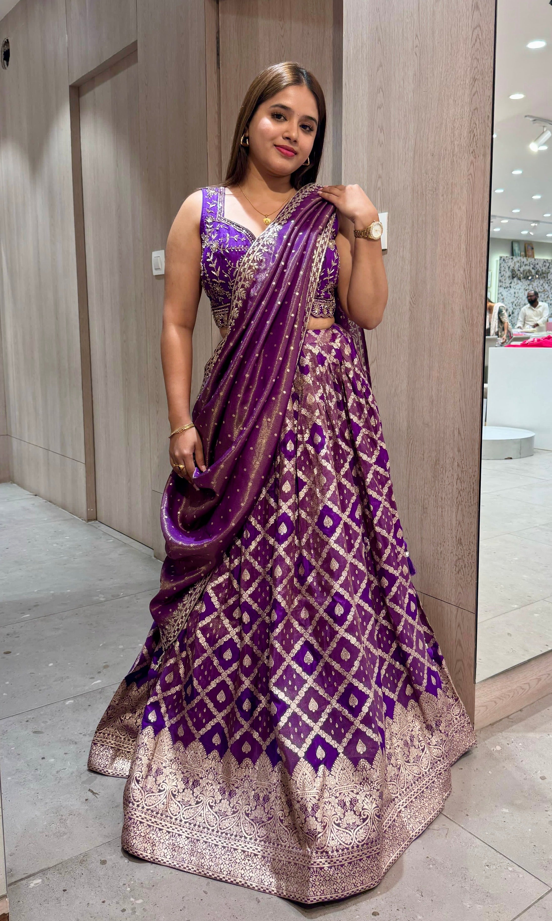 Purple shimmer Banarasi croptop Lehenga
