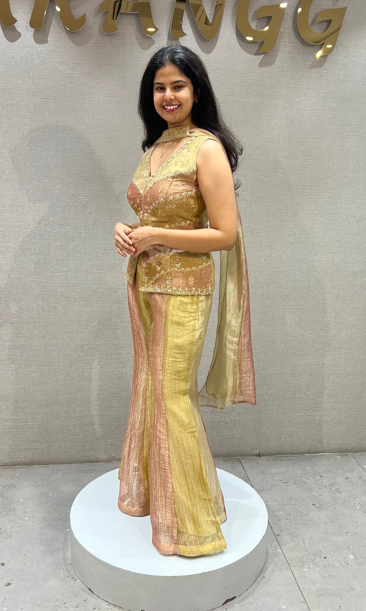 Gold and Pink tissue silk Embroidered Palazzo Set & dupatta