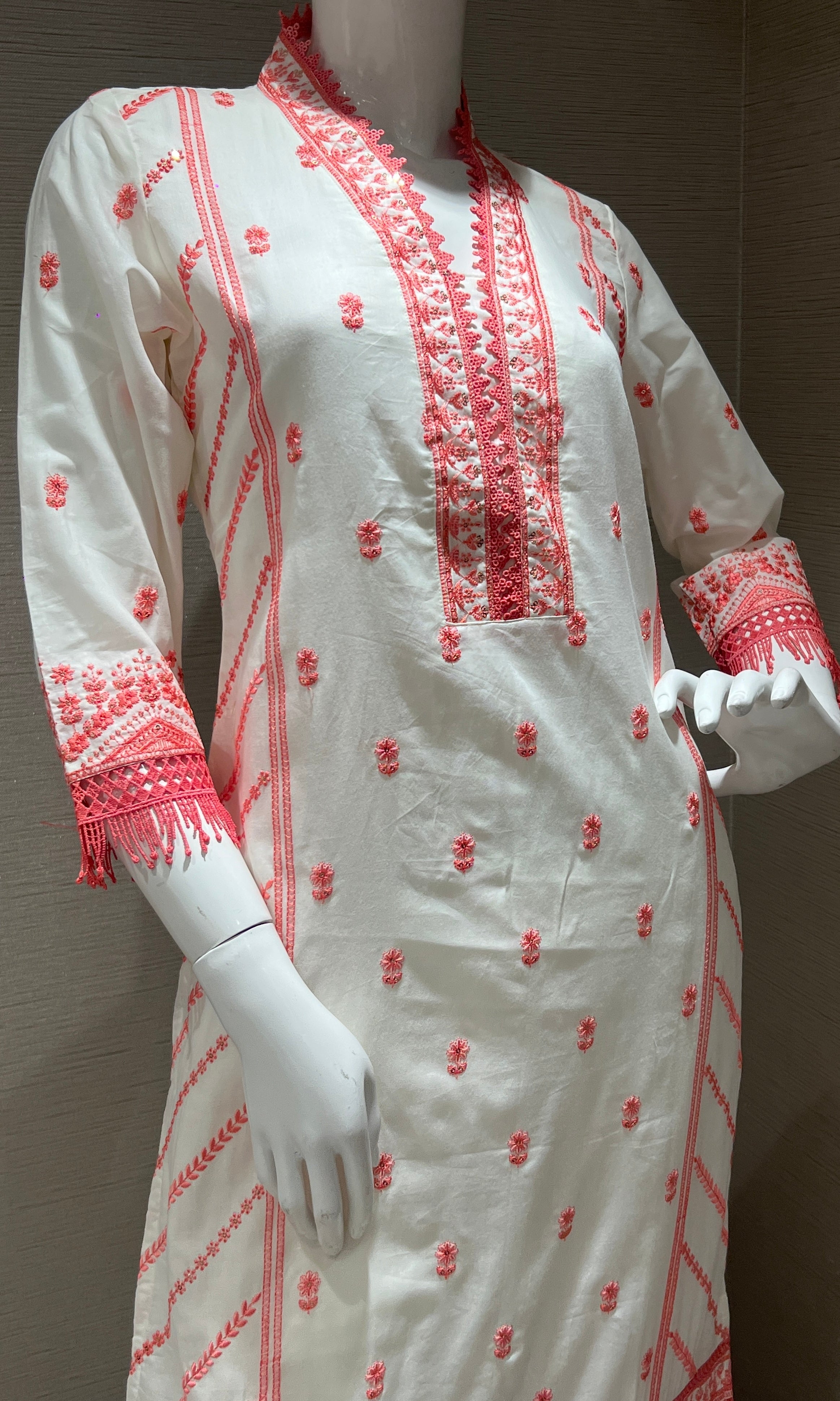 Peach and White Embroidered Kurta Set