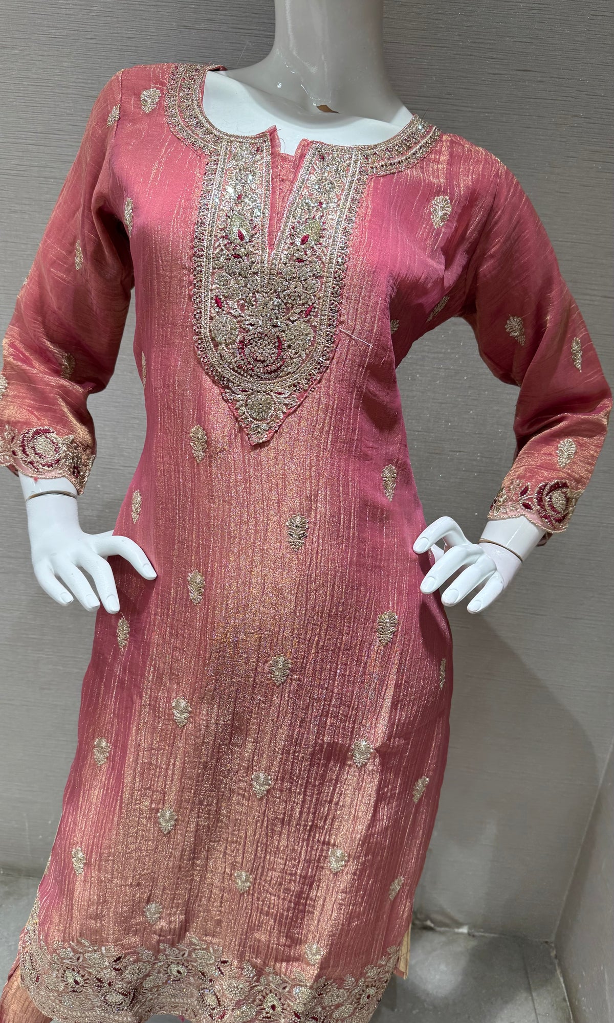 pink Tissue silk Ethnic Kurta Set with Zari dupatta