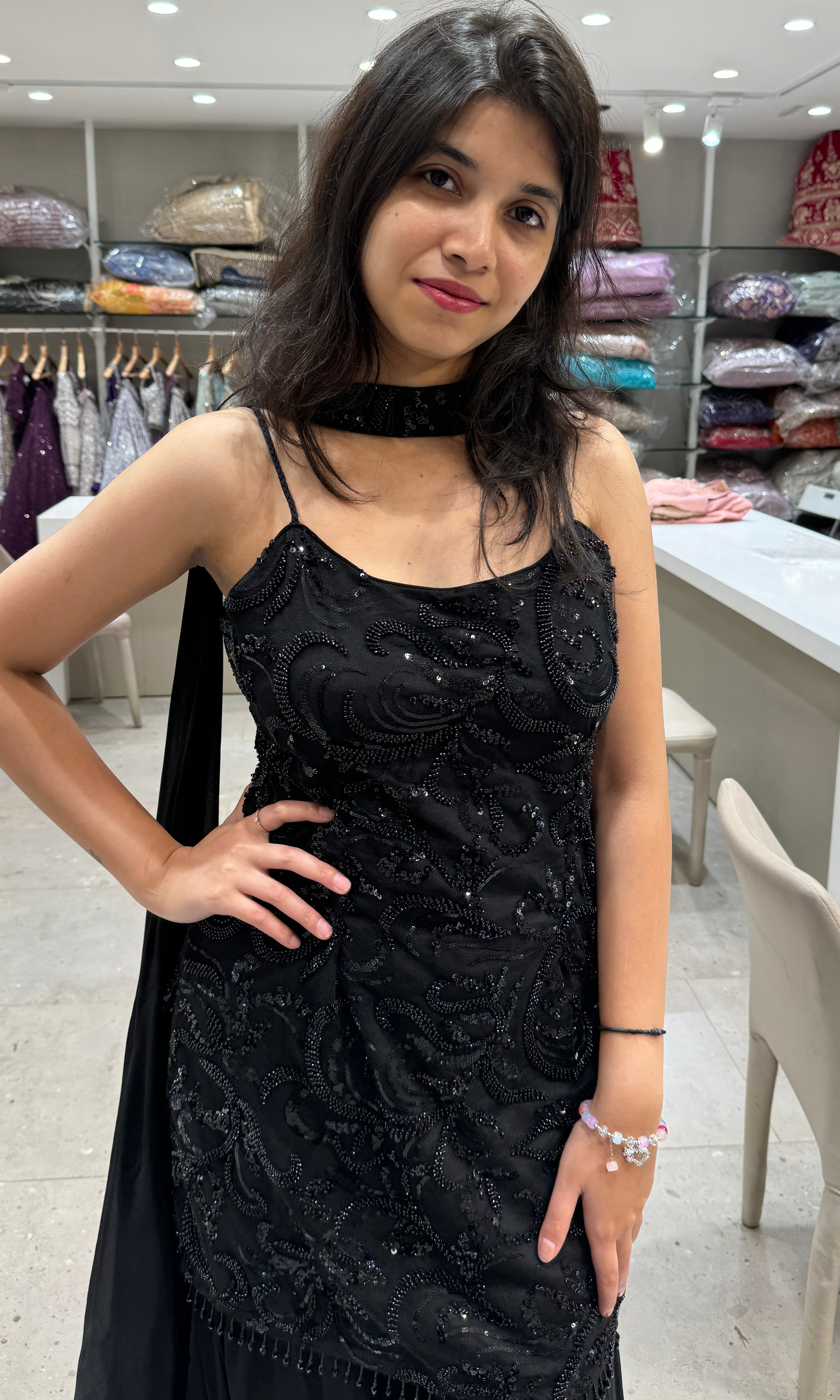 Black on black Sequins palazzo set with choker long asymmetrical dupatta
