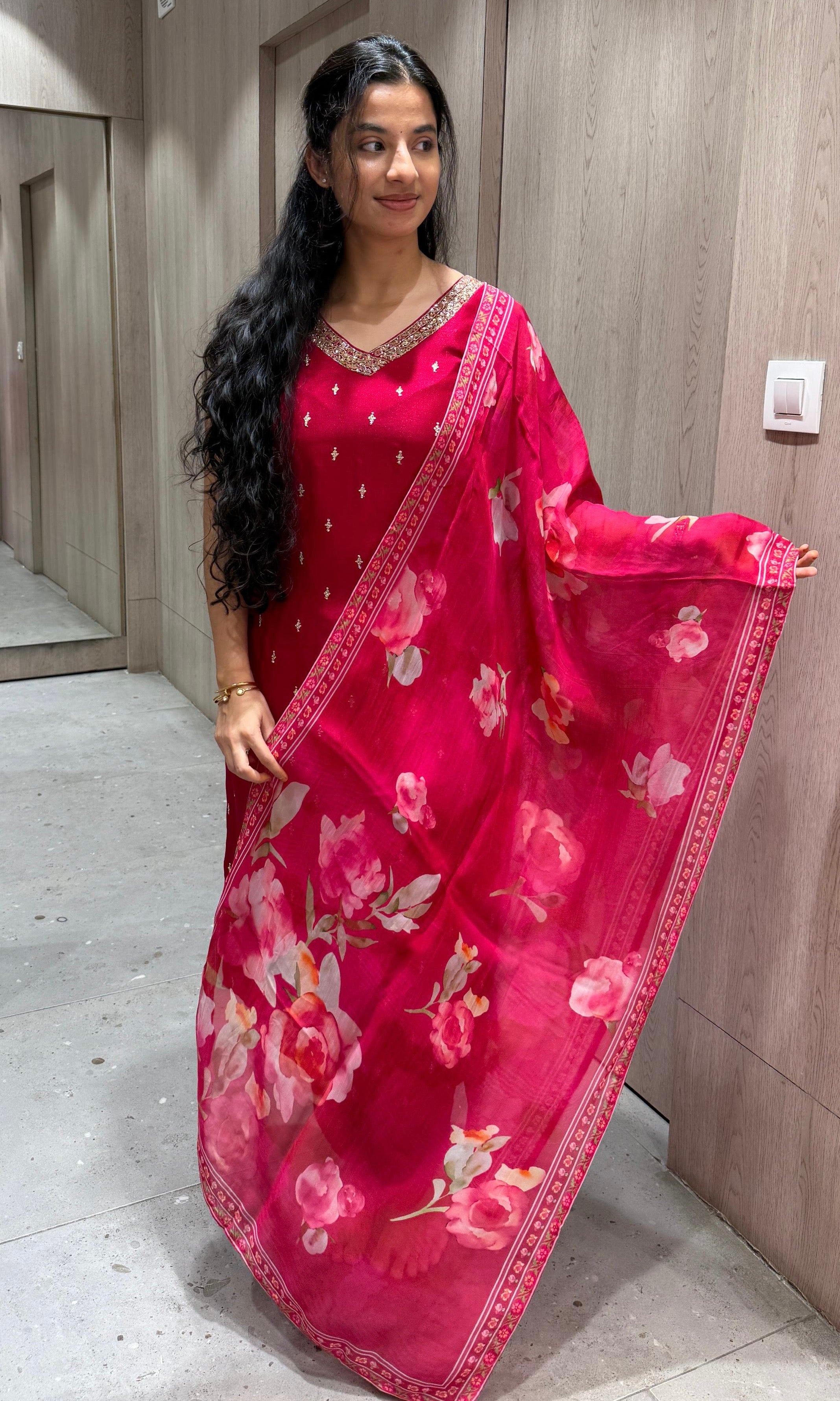 Pink Kurta Set WITH FLORAL DUPATTA