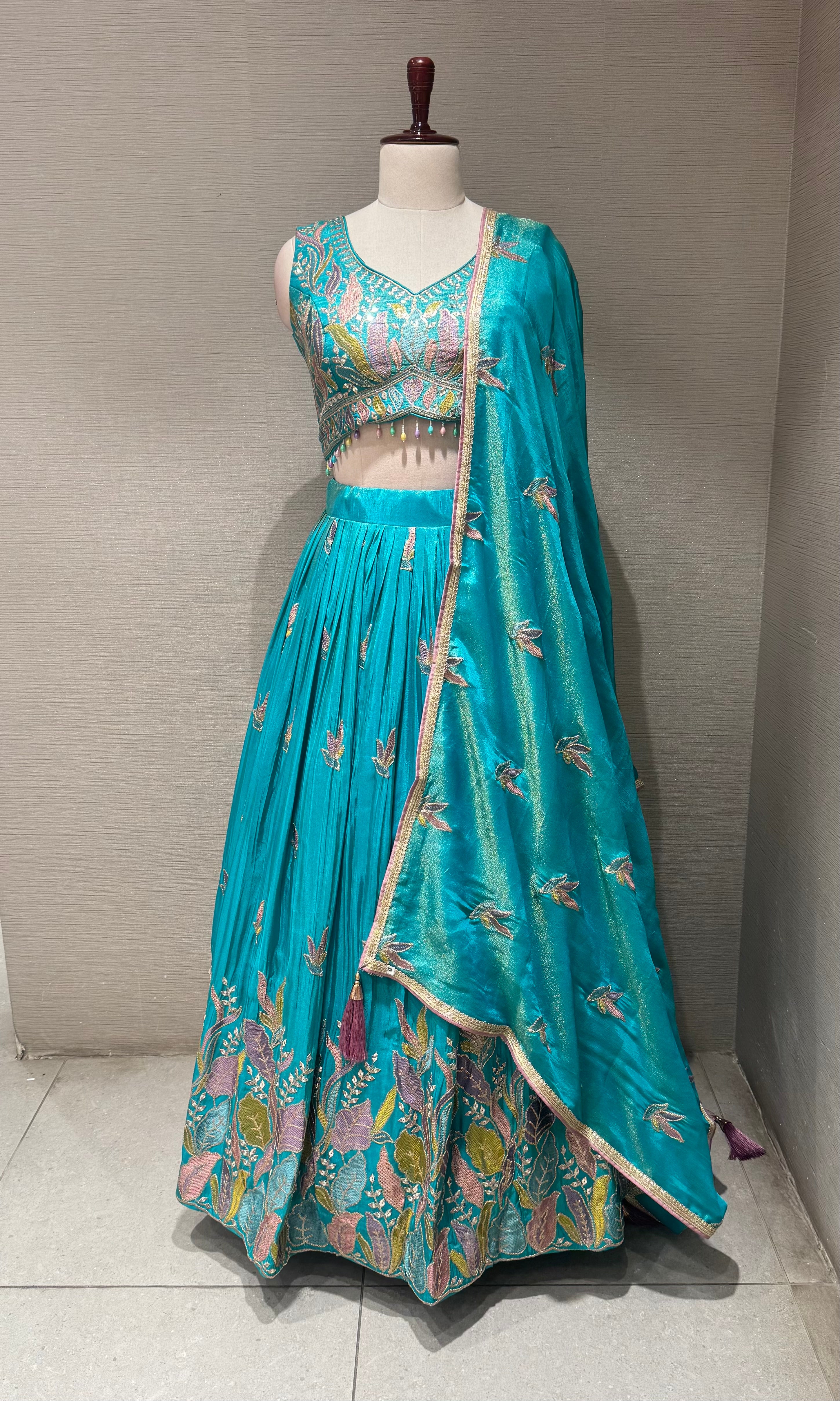 Sea Blue Tissue silk Floral Print Lehenga Set