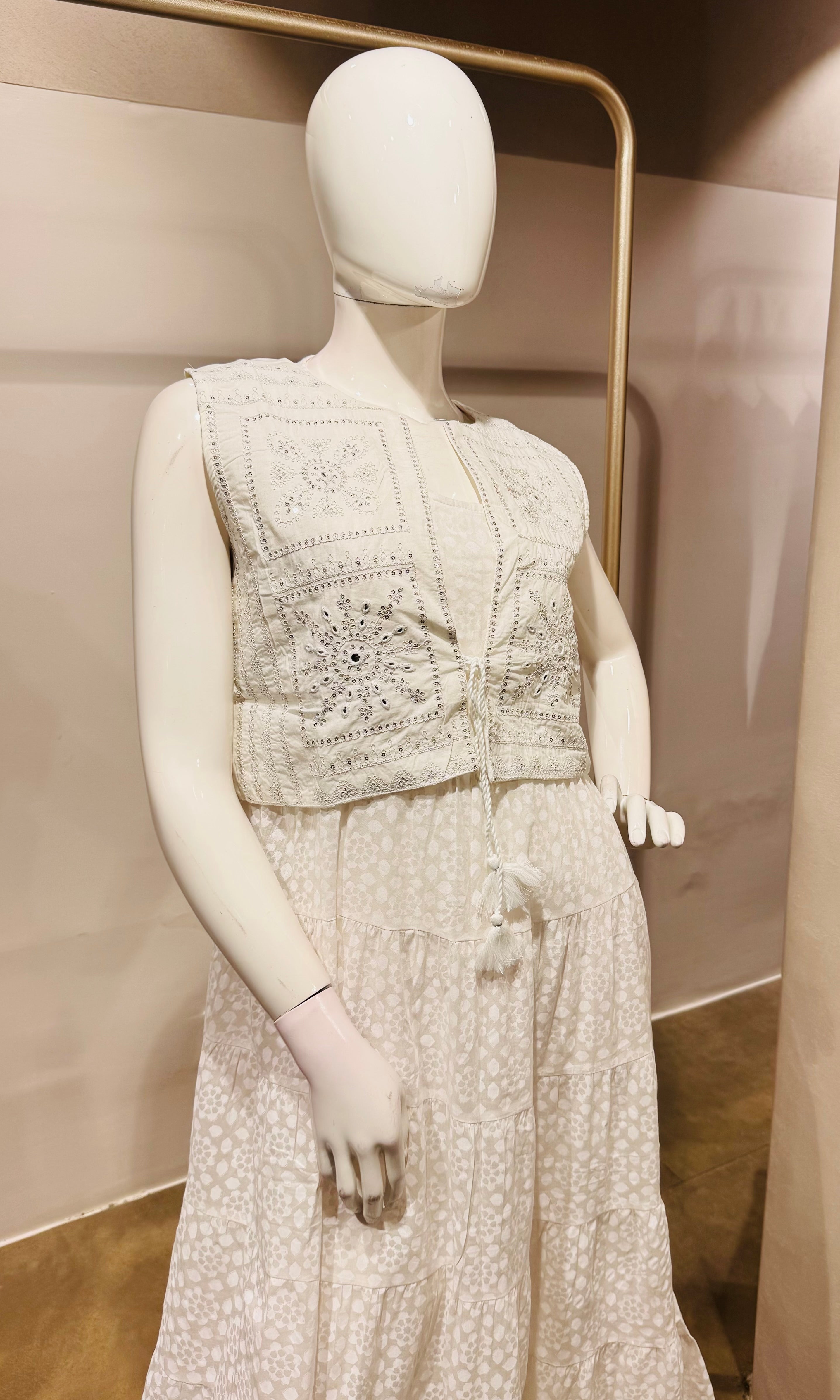 White Chikankari Embroidered frock with Cropped Jacket