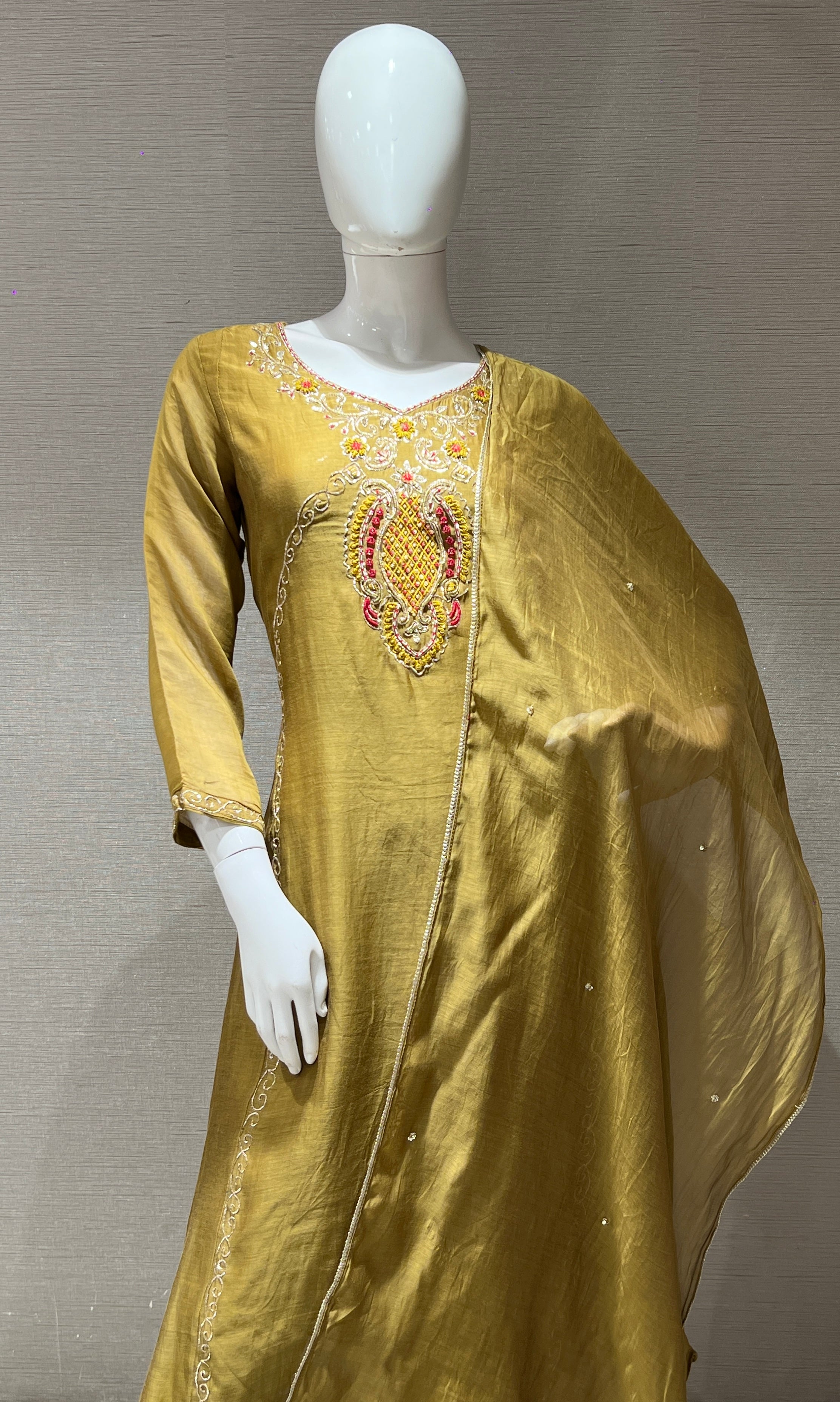 olive green embroidered kurta set