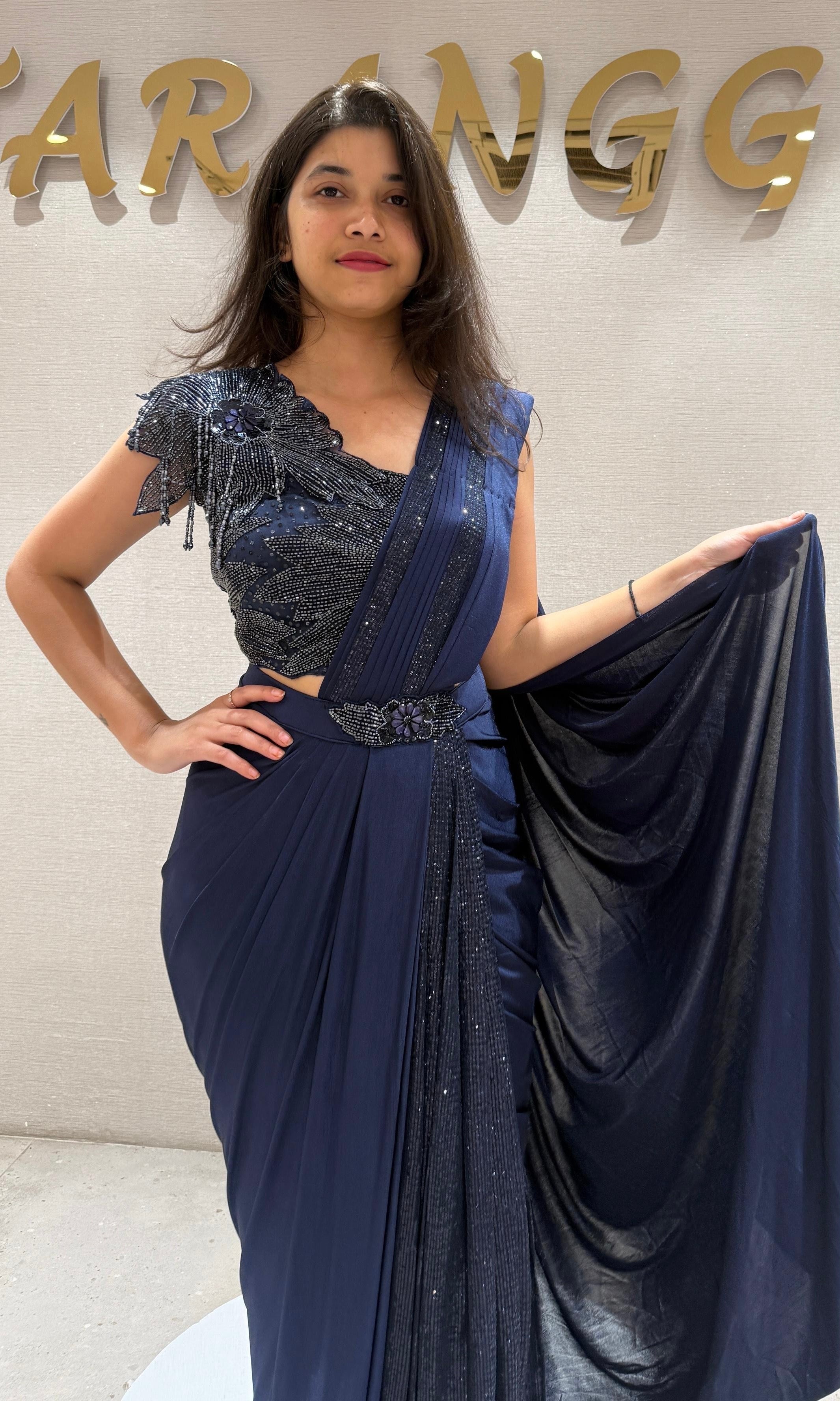 Navy blue sequined blouse drape saree