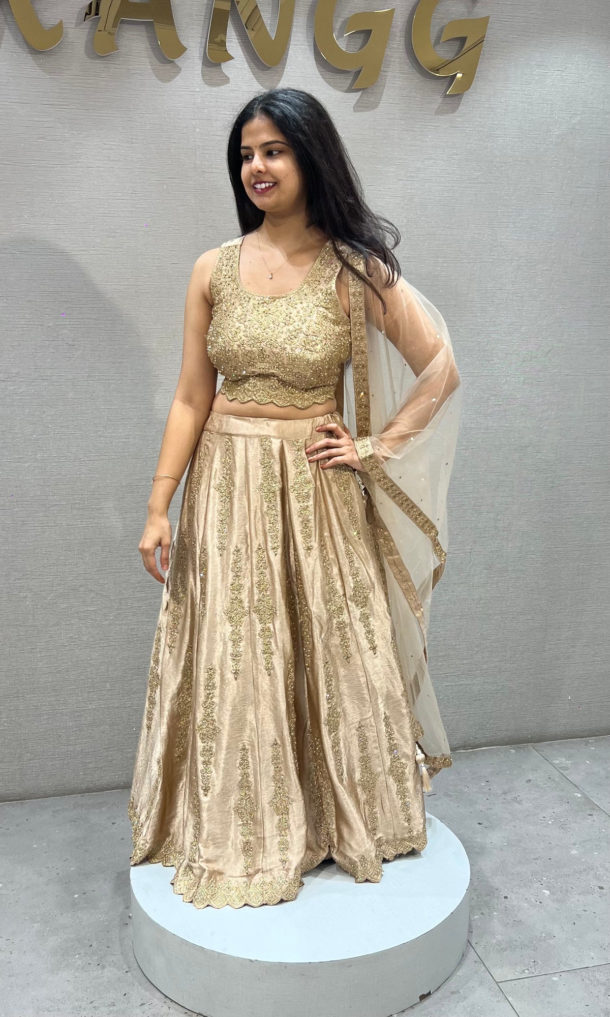 Gold Satin silk Embroidered Lehenga with Sheer net Dupatta