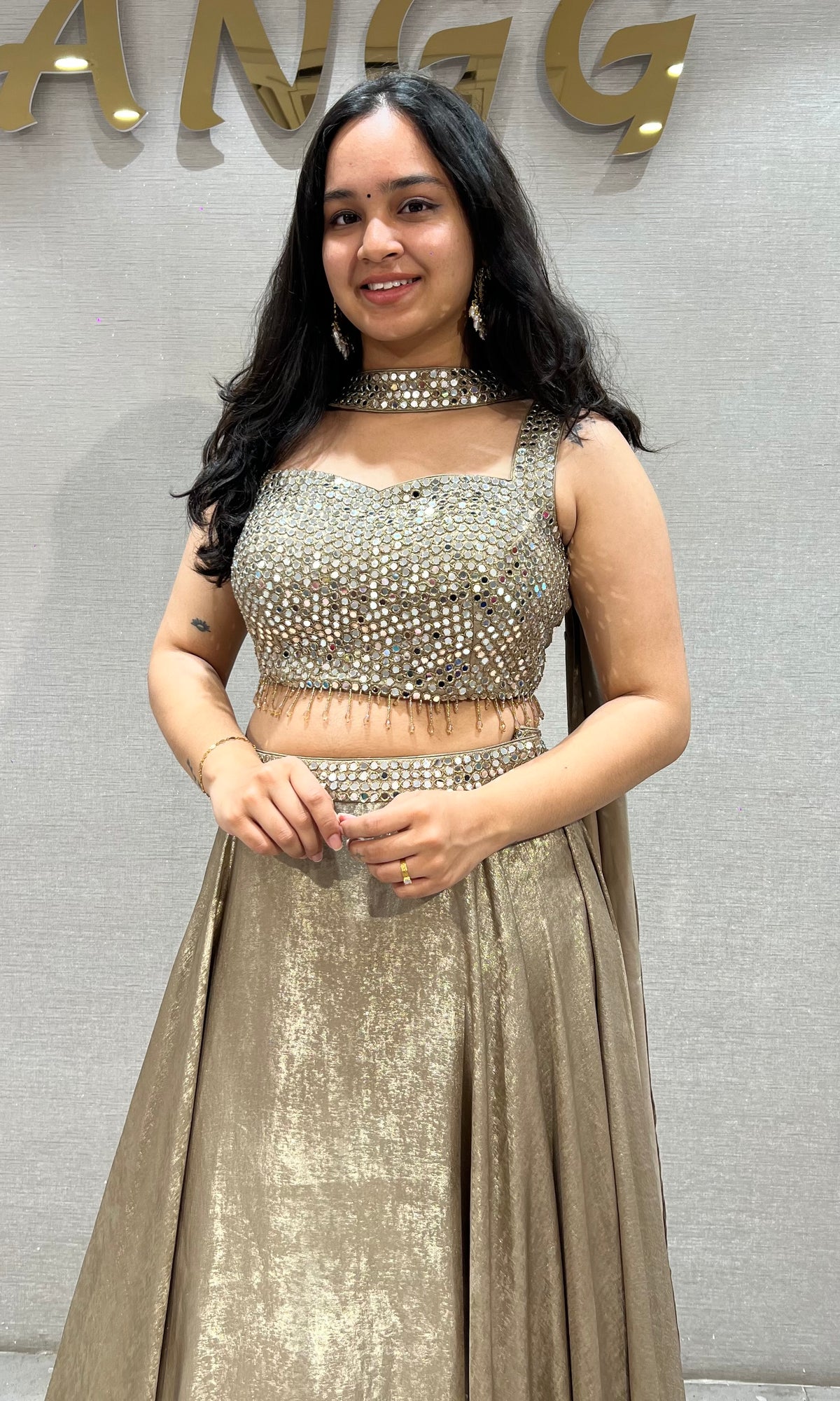 champagne Shimmering Metallic Gold Lehenga Set
