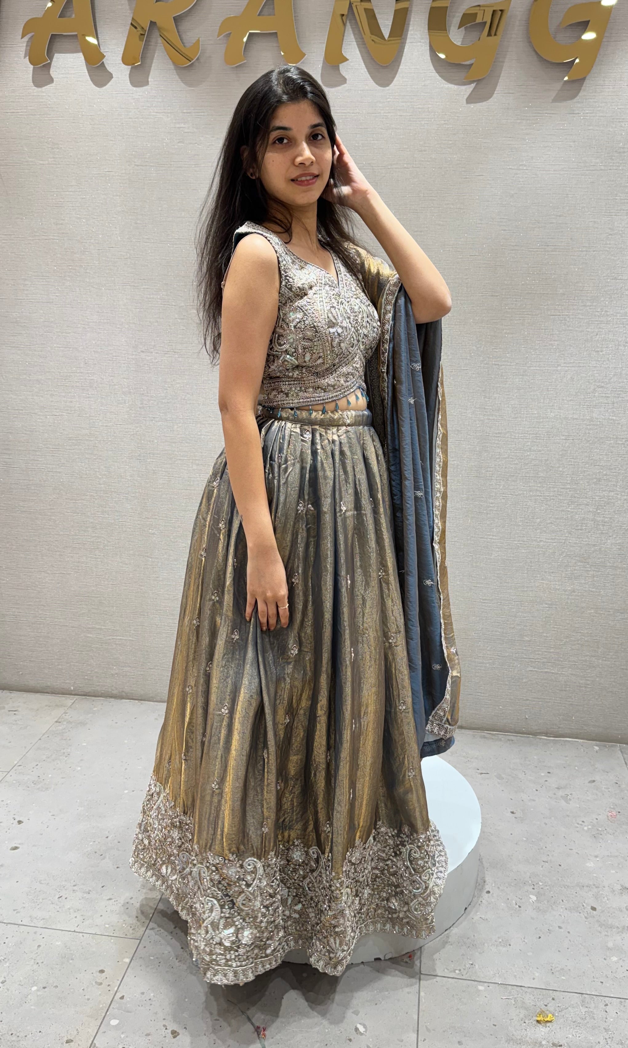 BLUE and GREY Tissue embroidered Lehenga