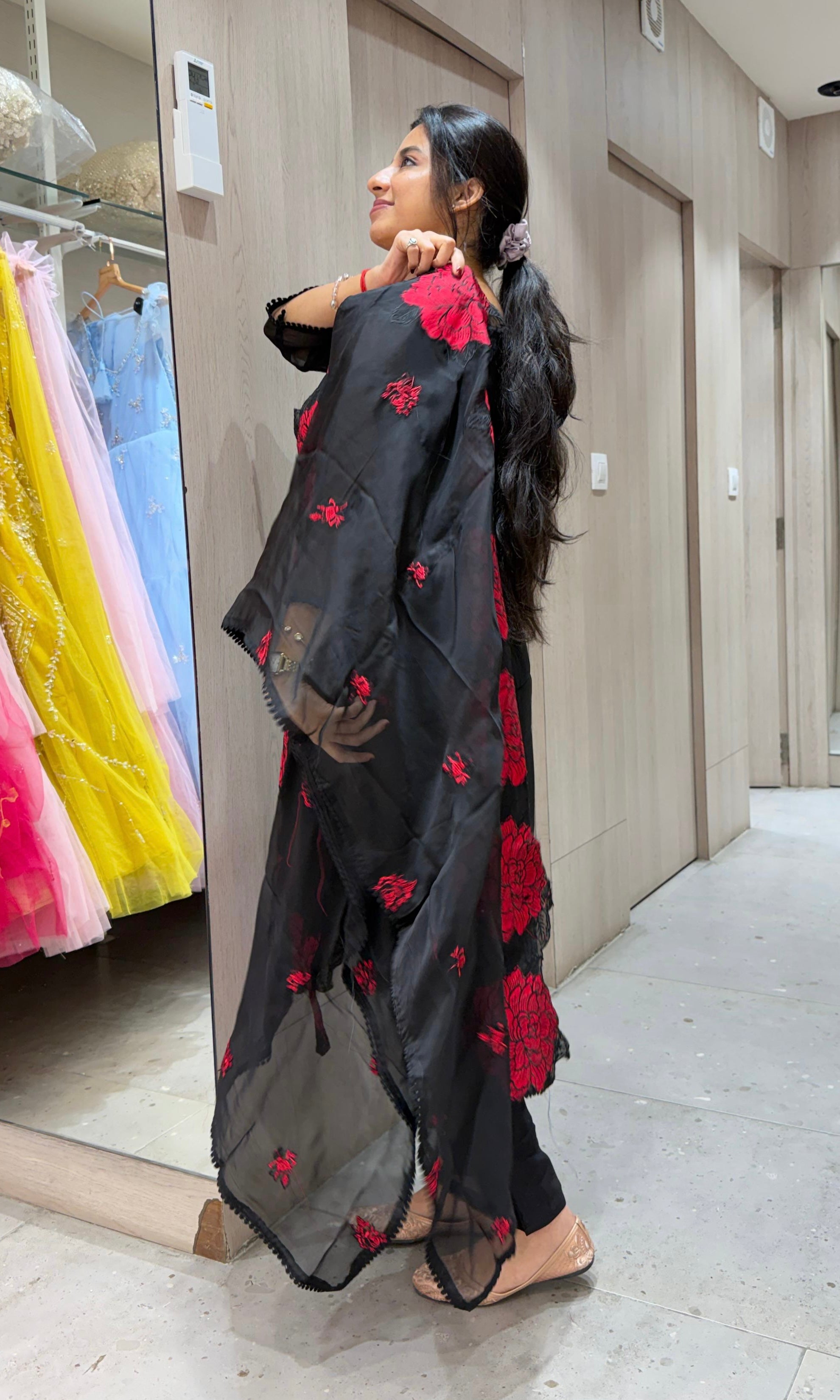 Black RED FLORAL EMBROIDERED kurta set