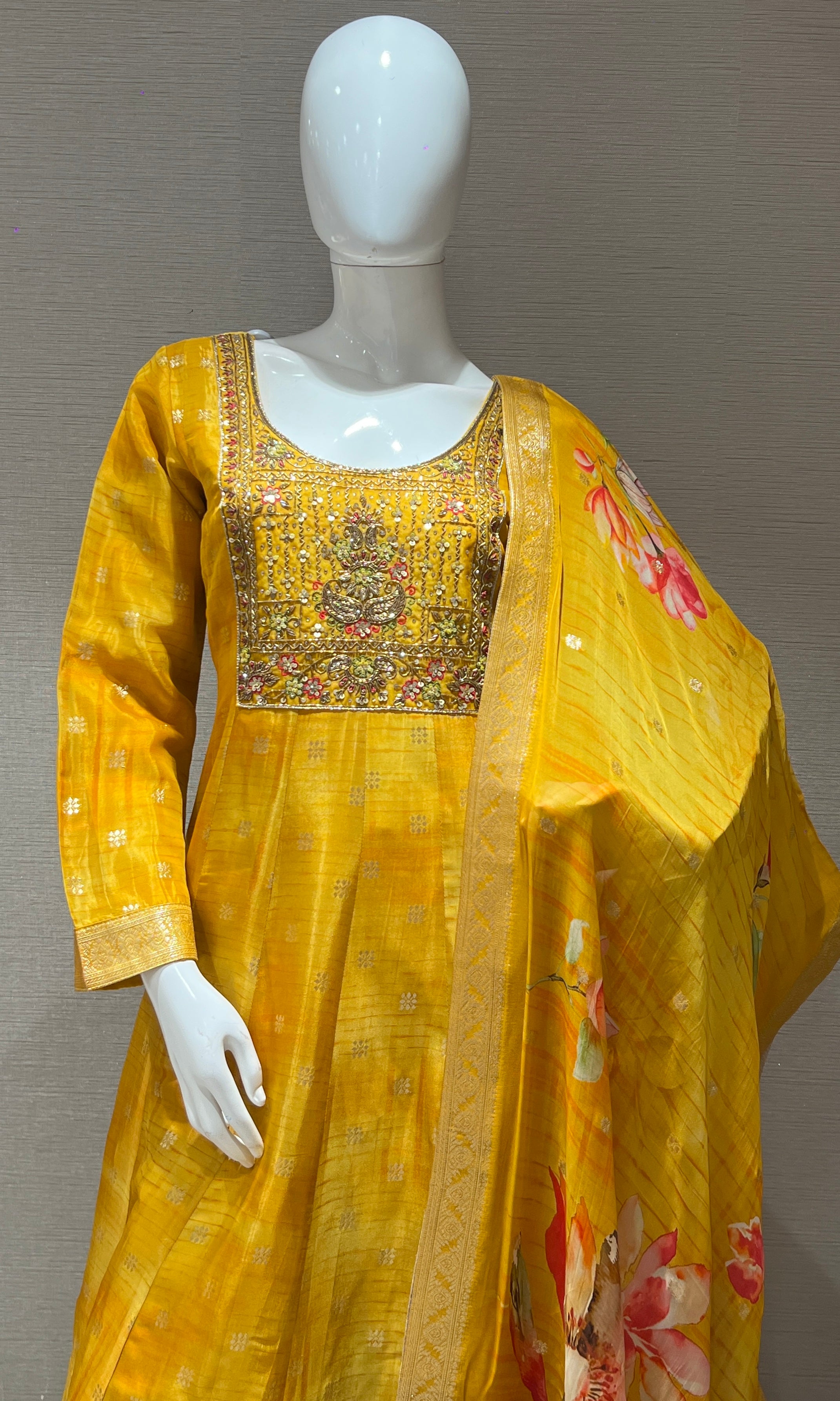 Yellow Anarkali with Floral Dupatta