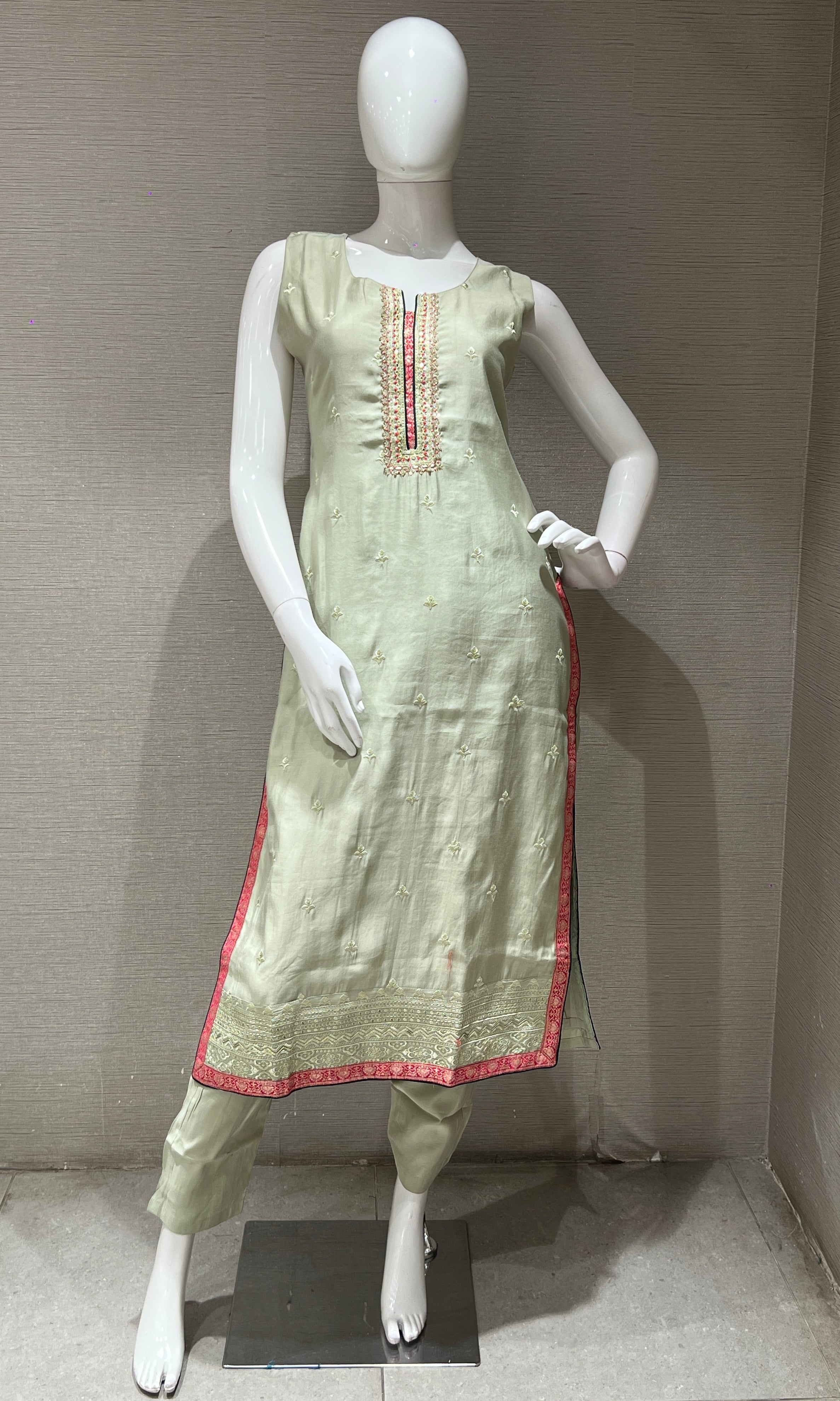 Pista Green Embroidered Kurta Set with Contrast Pink Dupatta