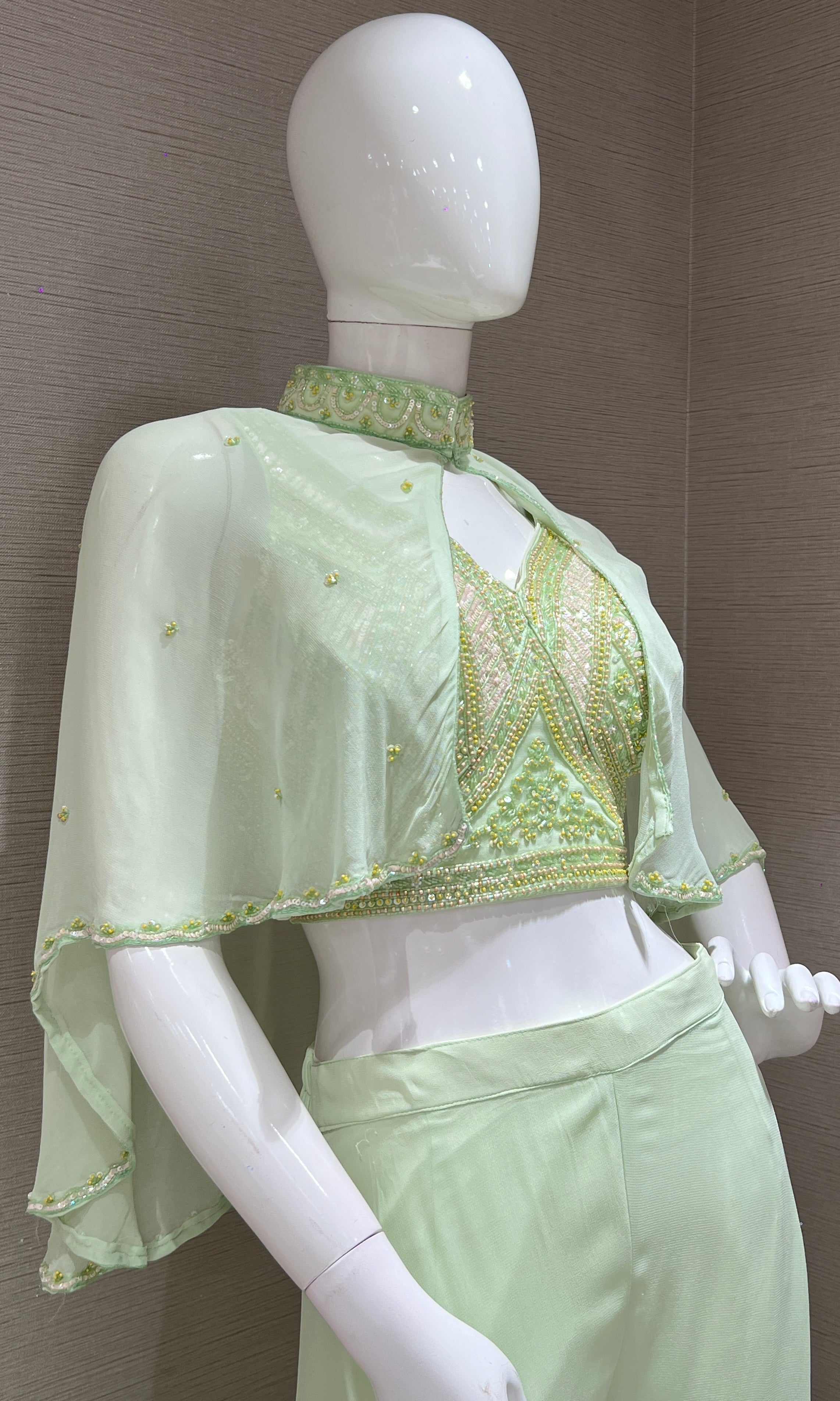 Light Green Embellished Palazzo Set with Cape