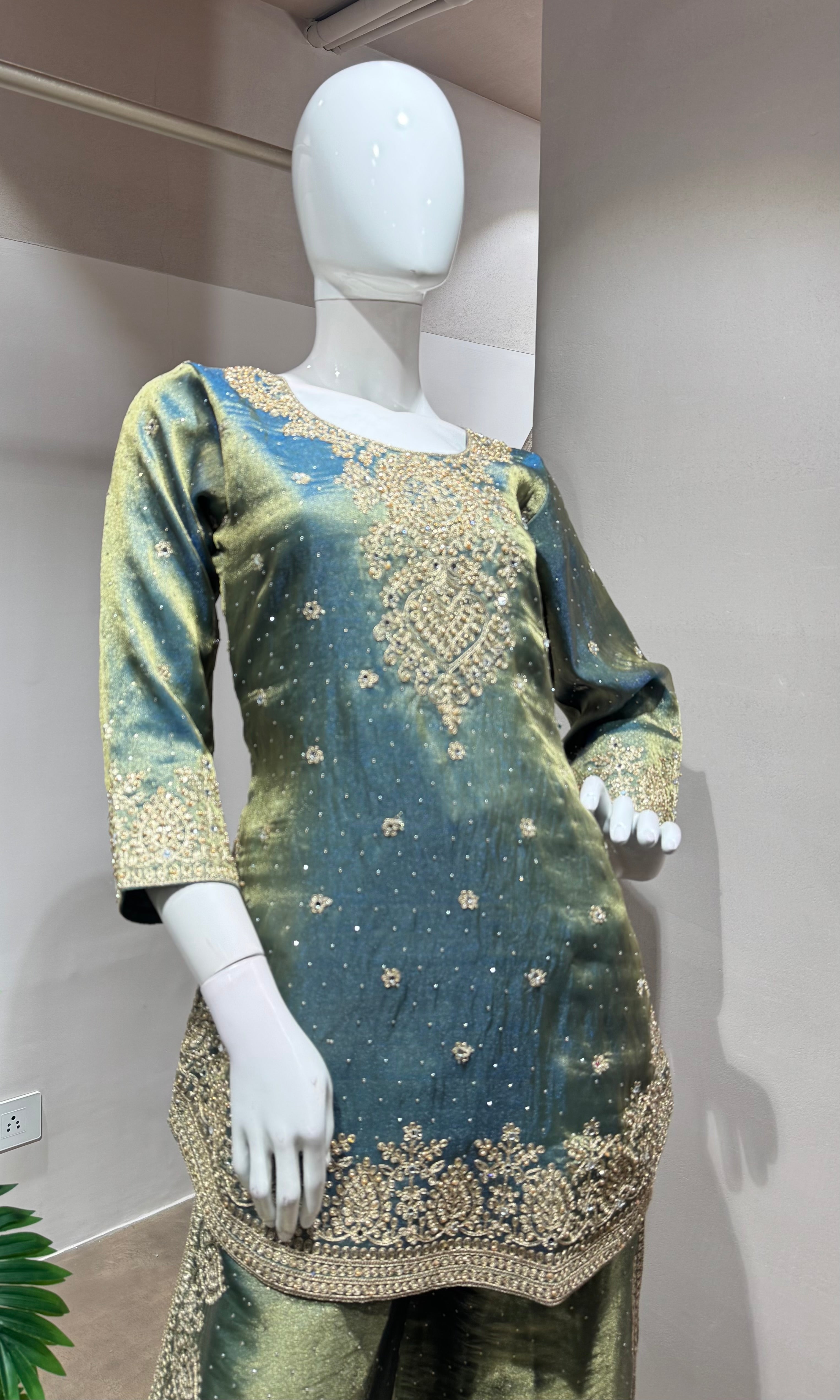 Light green shimmer tissue palazzo set