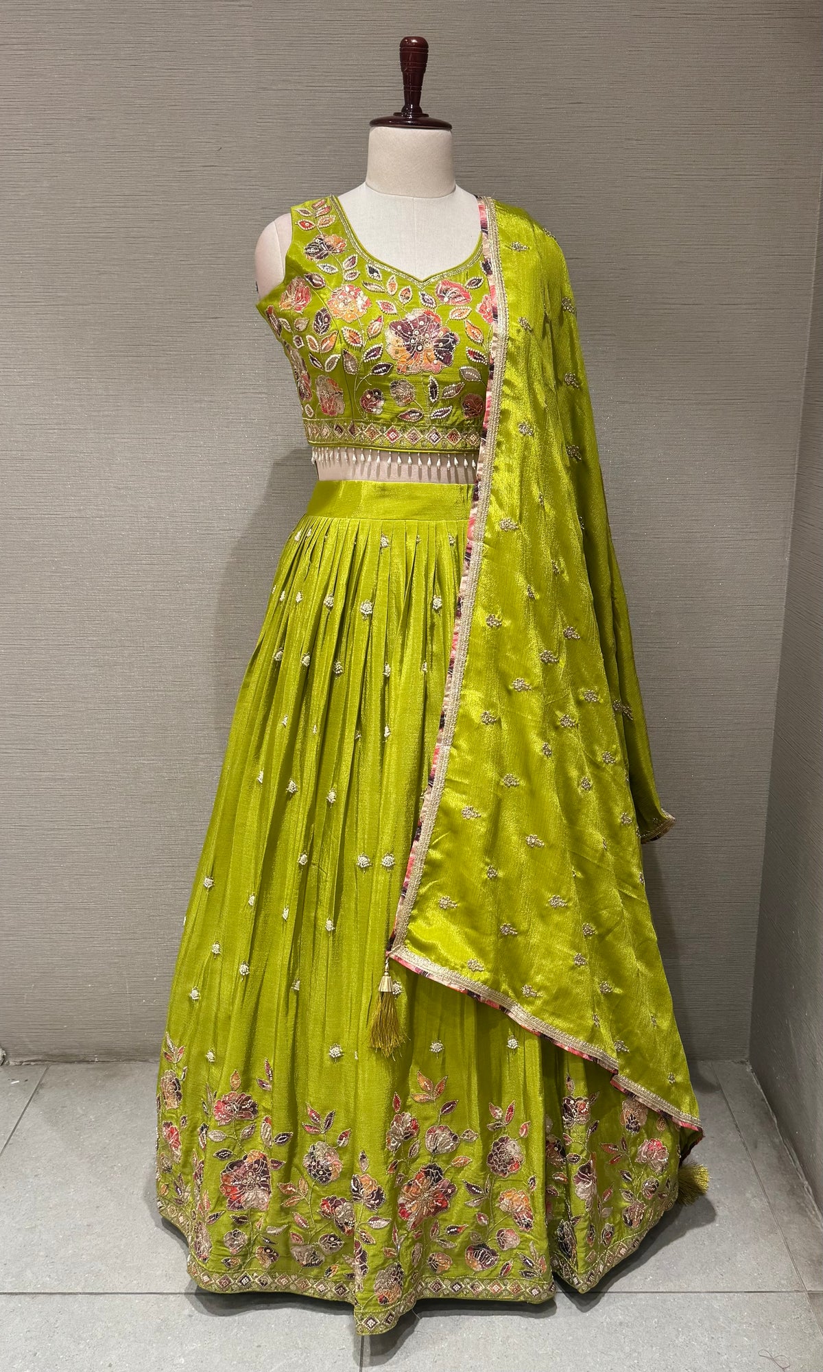 Green Tissue silk Multi Floral Crop Top Lehenga set