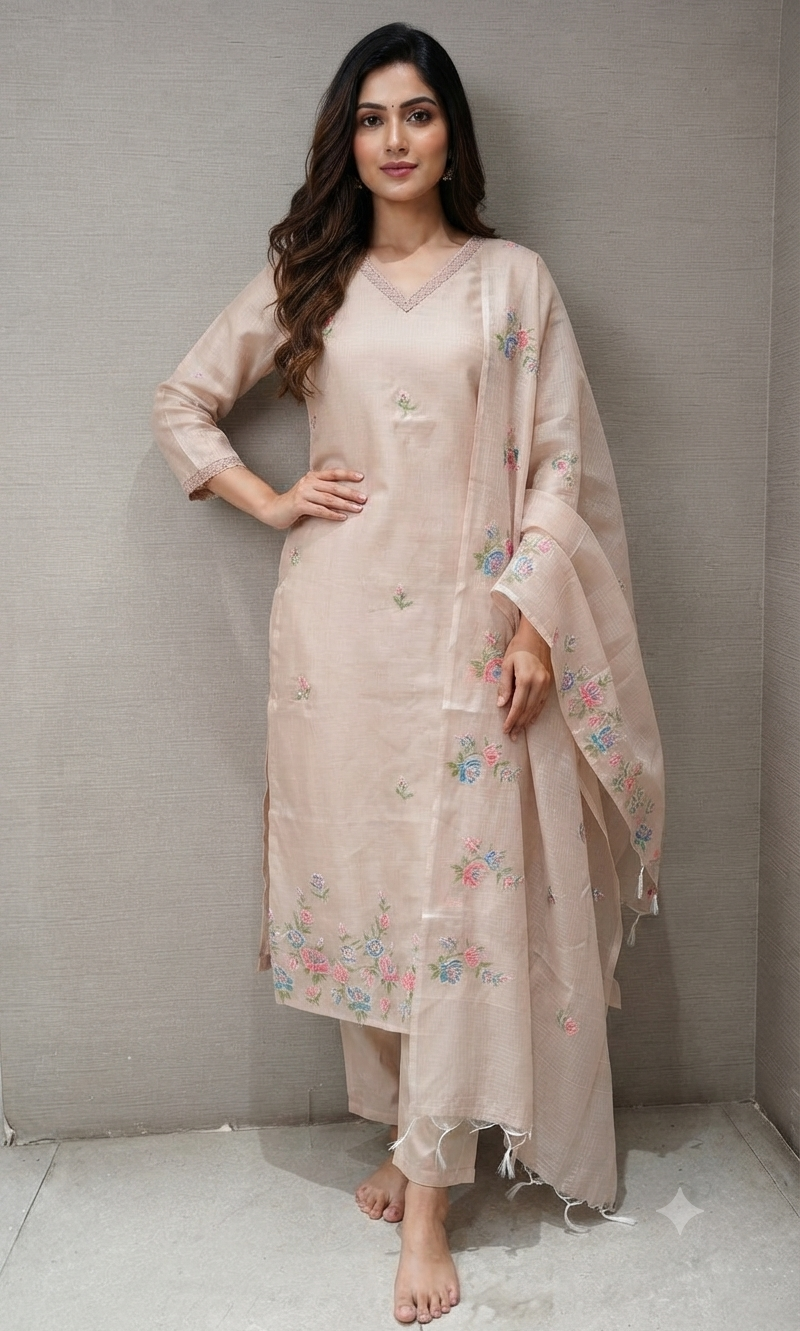 Light Pink Floral Embroidered Kurta Set with Dupatta