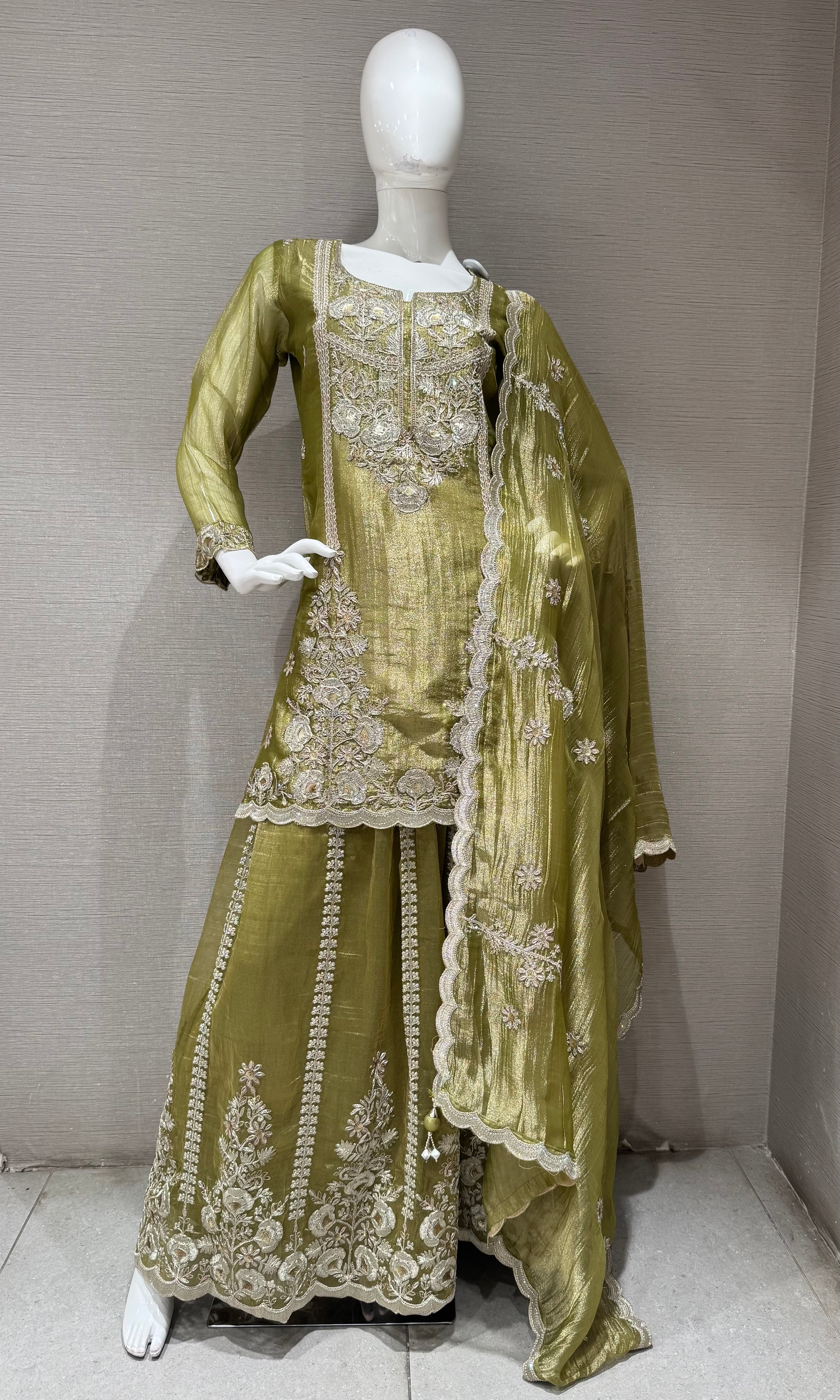 Olive Green Embroidered Sharara Set with Sheer Dupatta