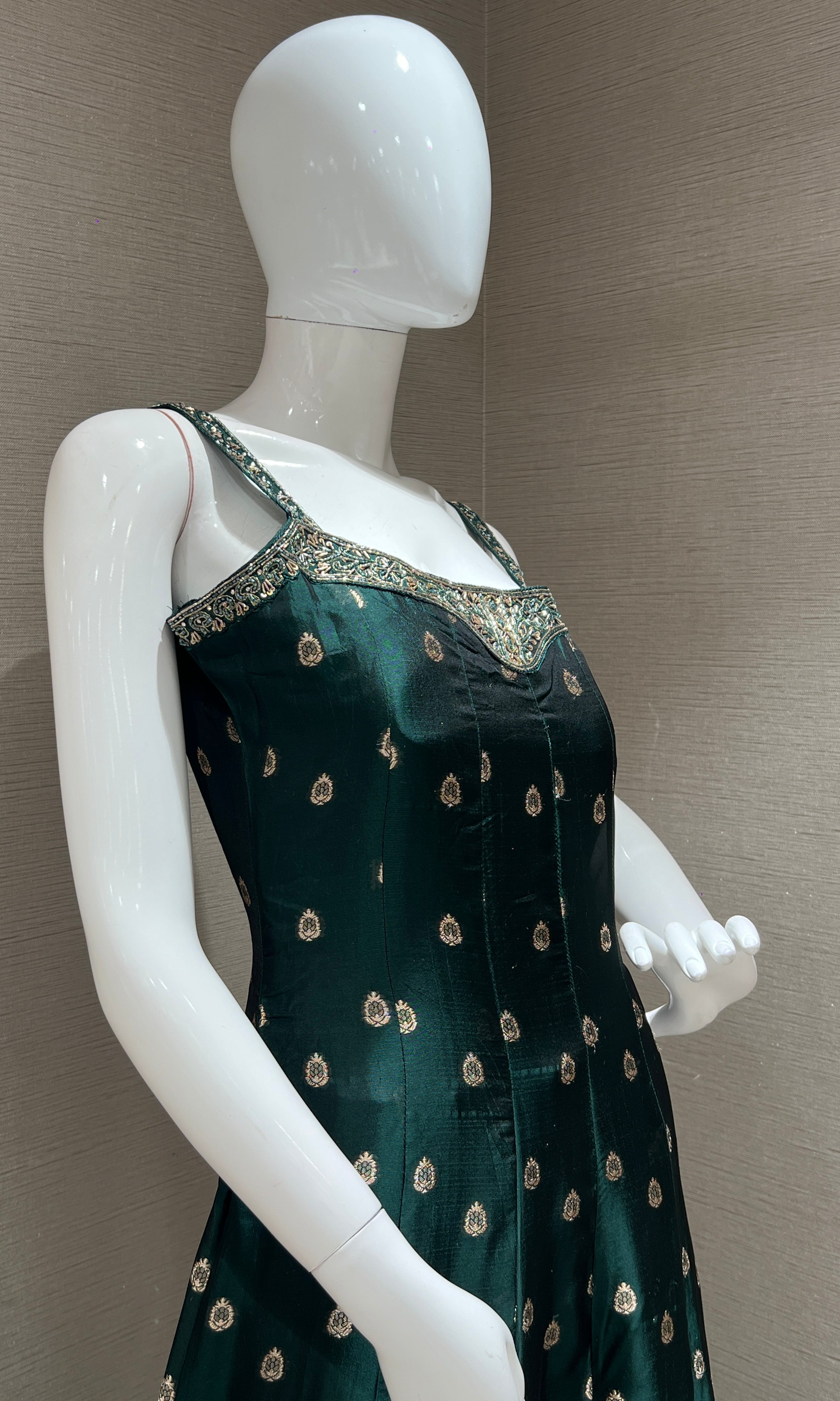 green and gold silk anarkali