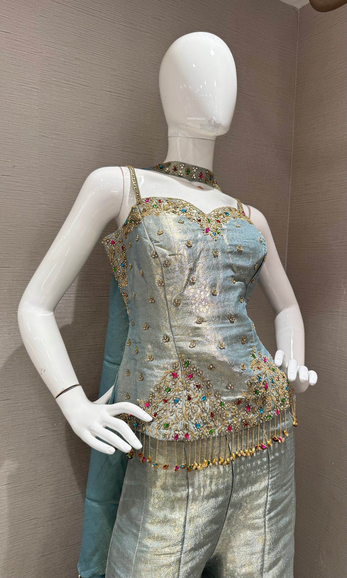 Pista Green Shimmer Corset Top and Stoned Palazzo Set