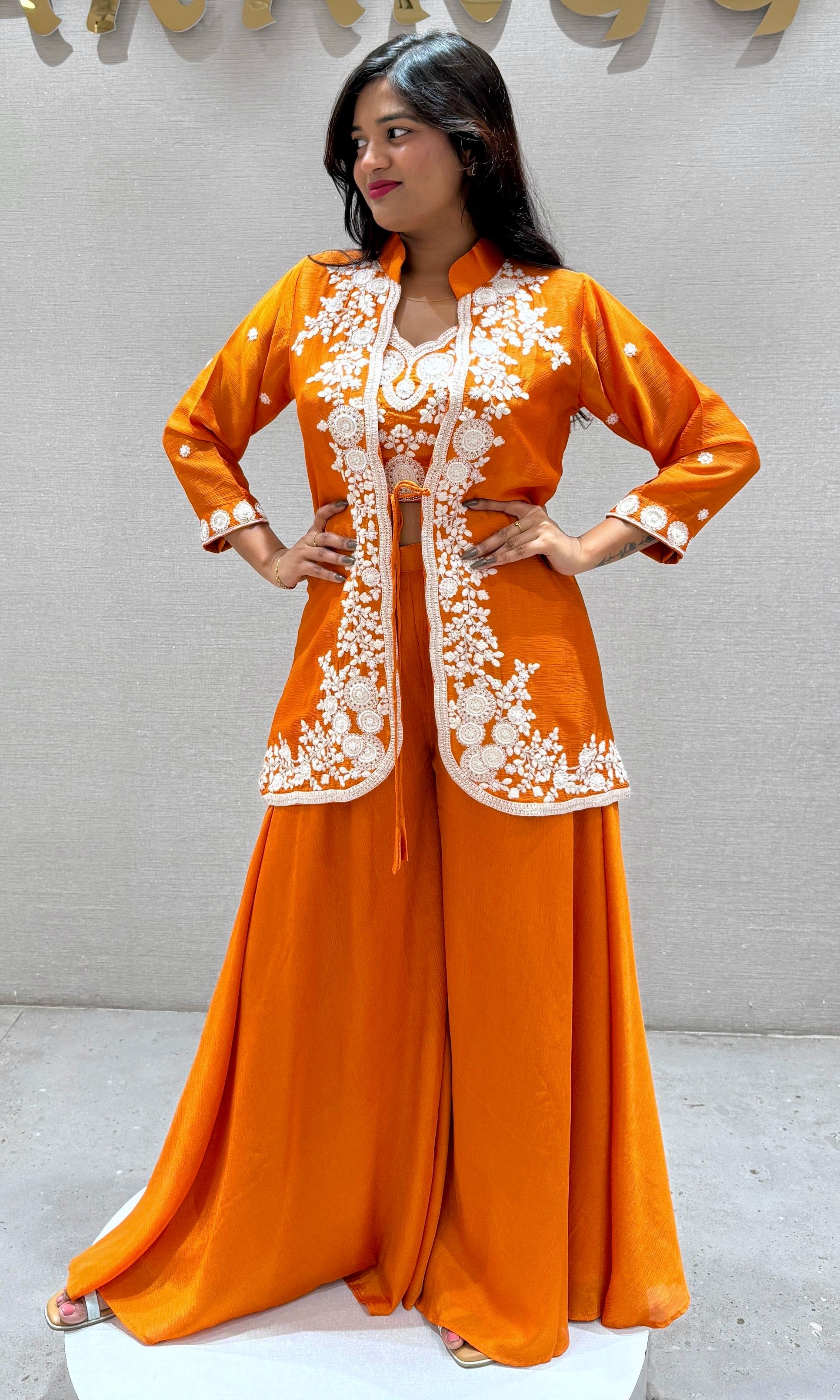 Orange Embroidered Jacket Palazzo set