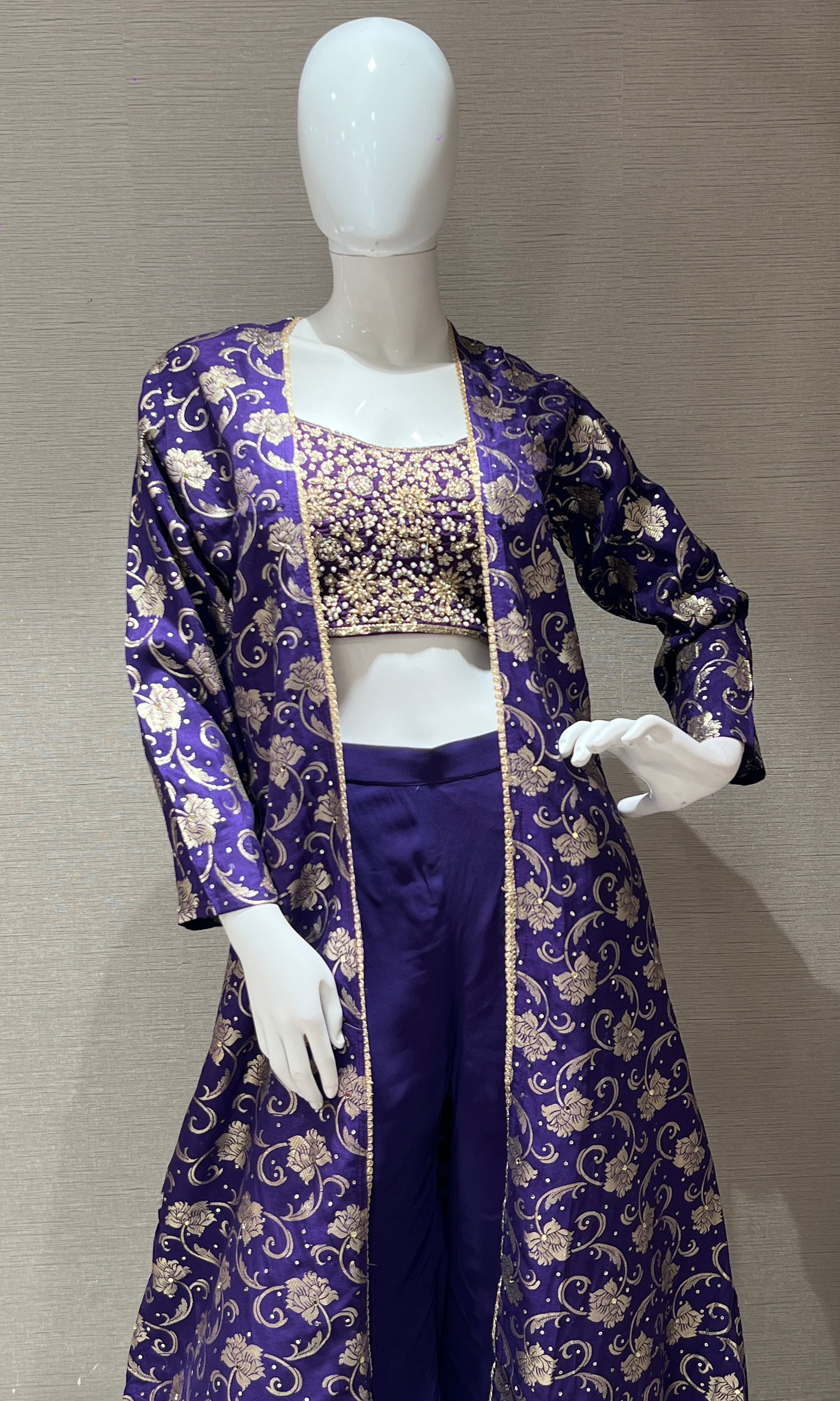 Purple Embroidered Palazzo with long jacket