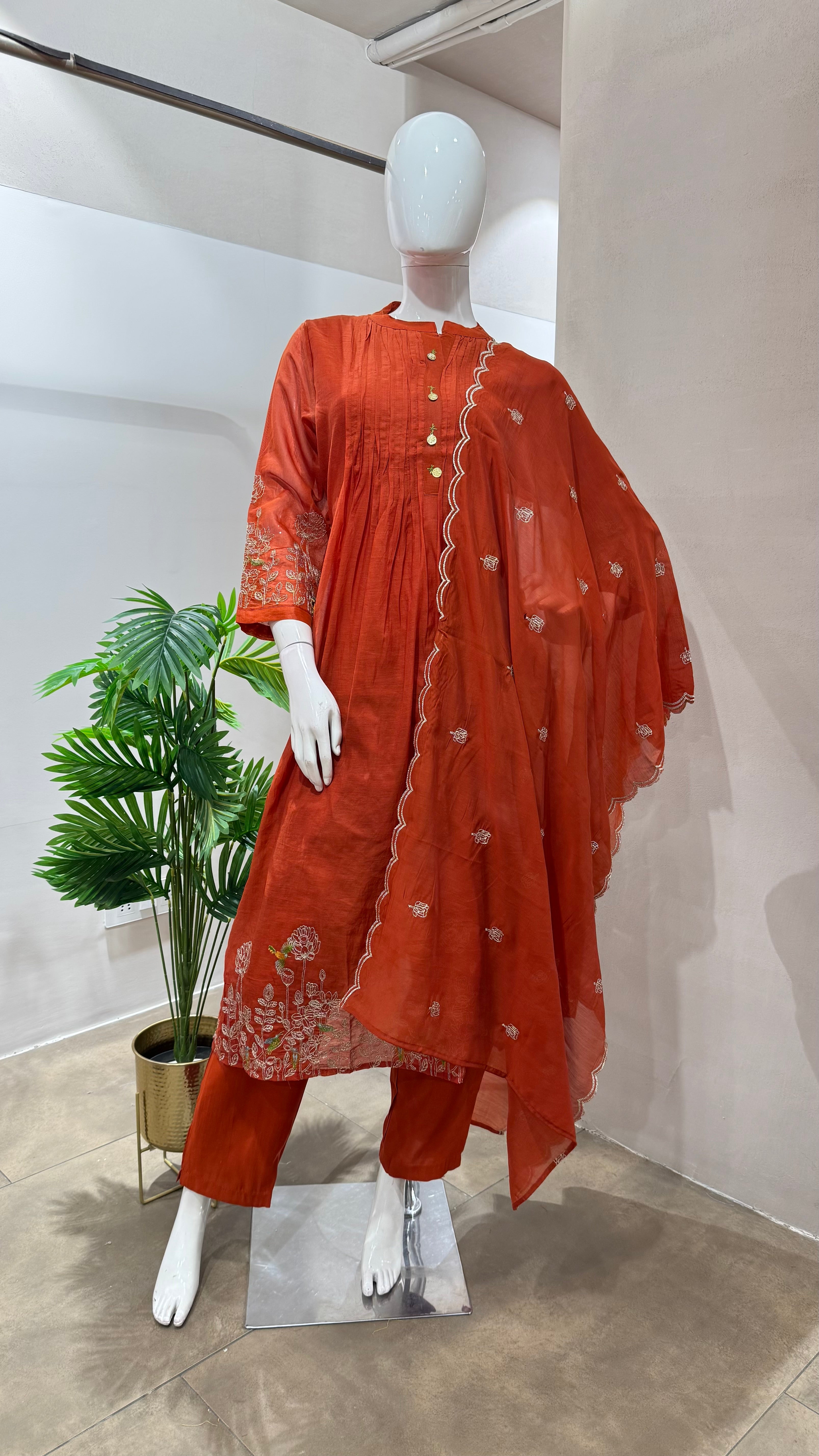 RUST floral mul chanderi embroidery kurta set