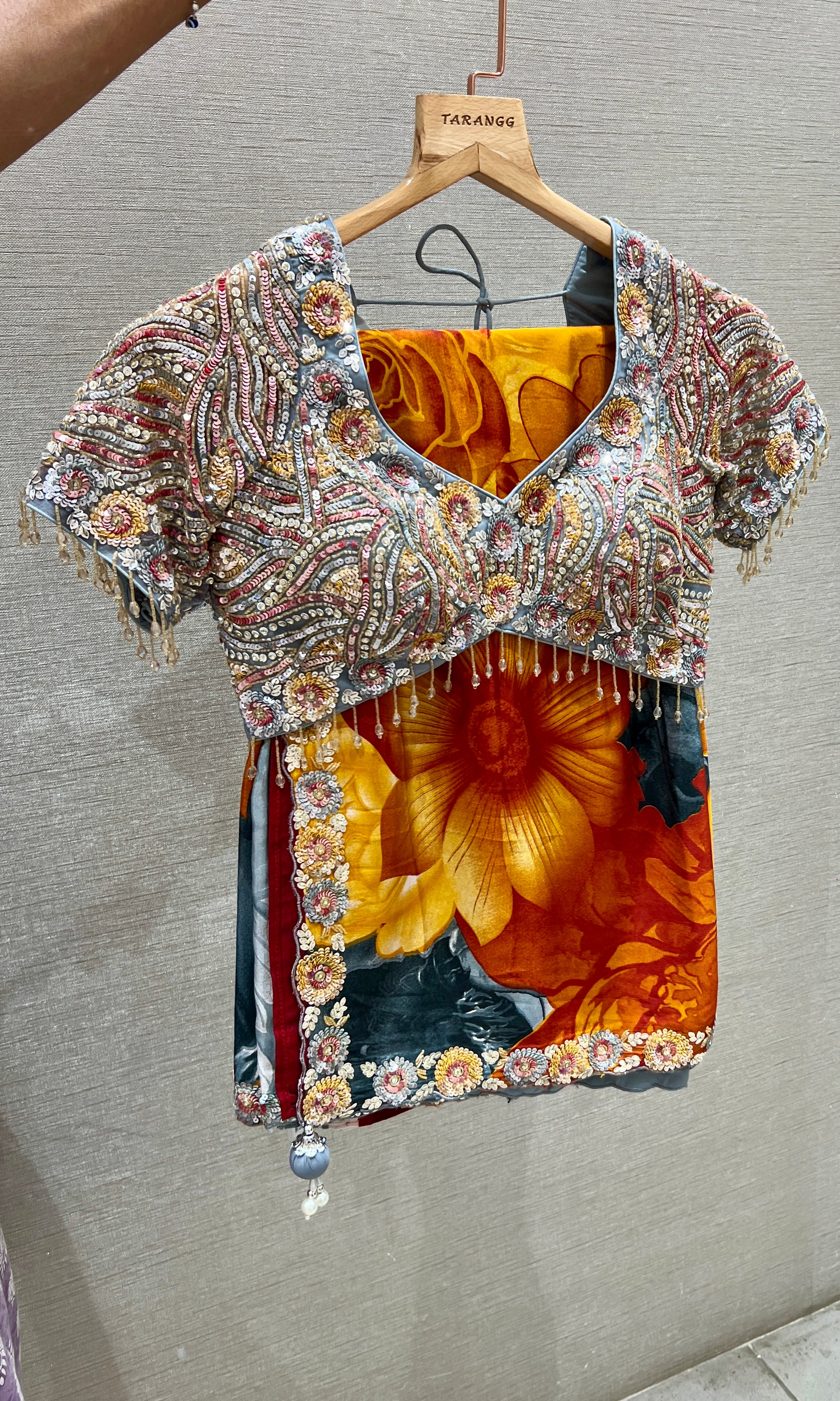 Grey floral saree with embroidery ready blouse