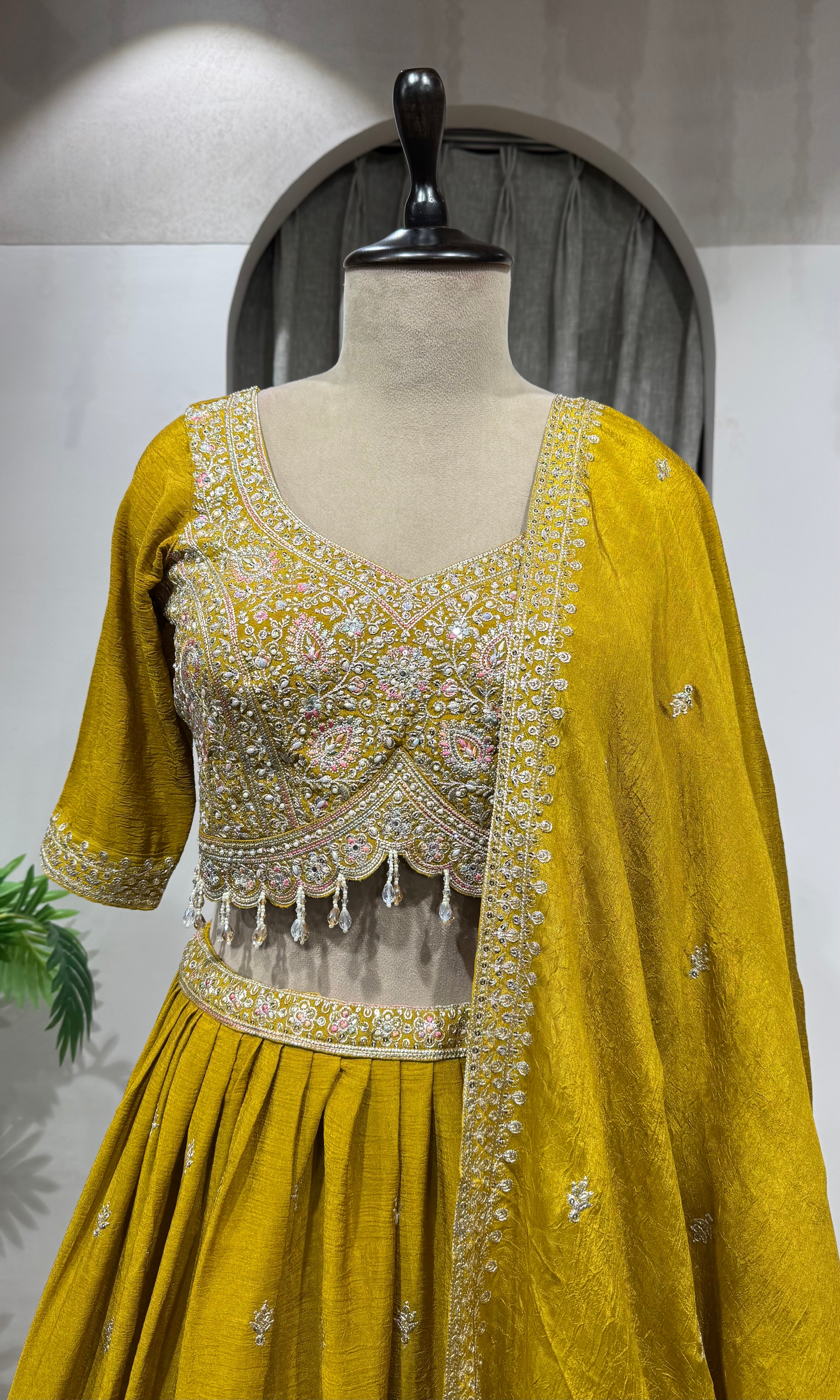 Mustard Flared Lehenga Choli with Border Embroidery