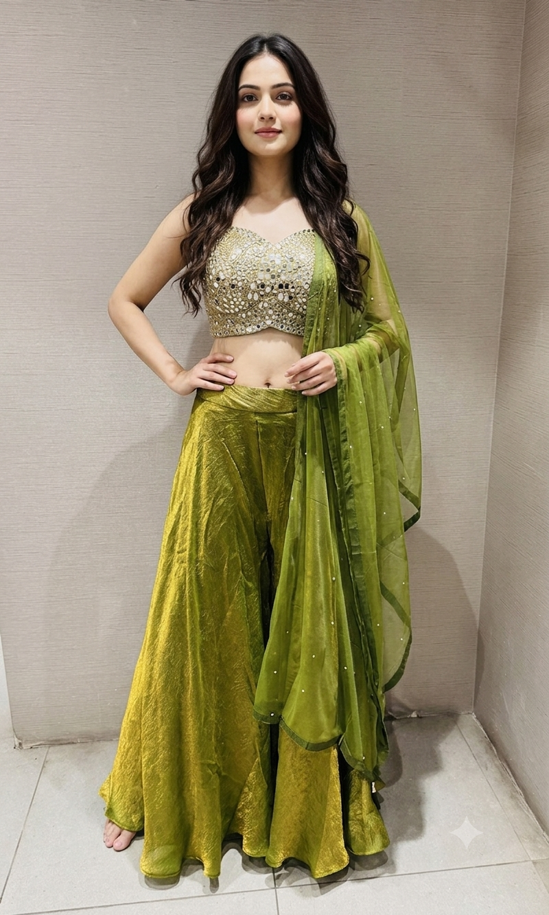 Olive Green Georgette Palazzo with Embellished Blouse