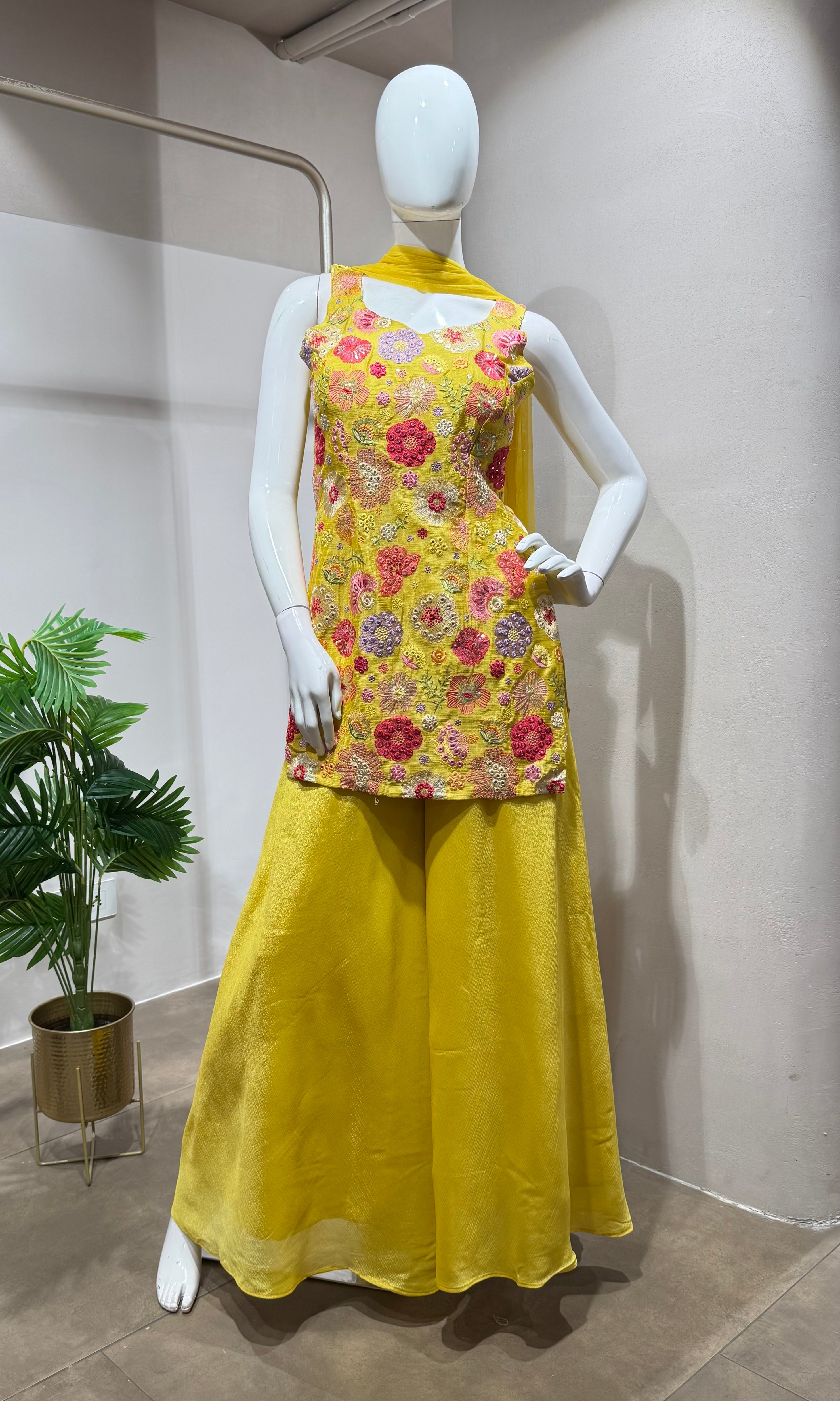 yellow floral print sharara set