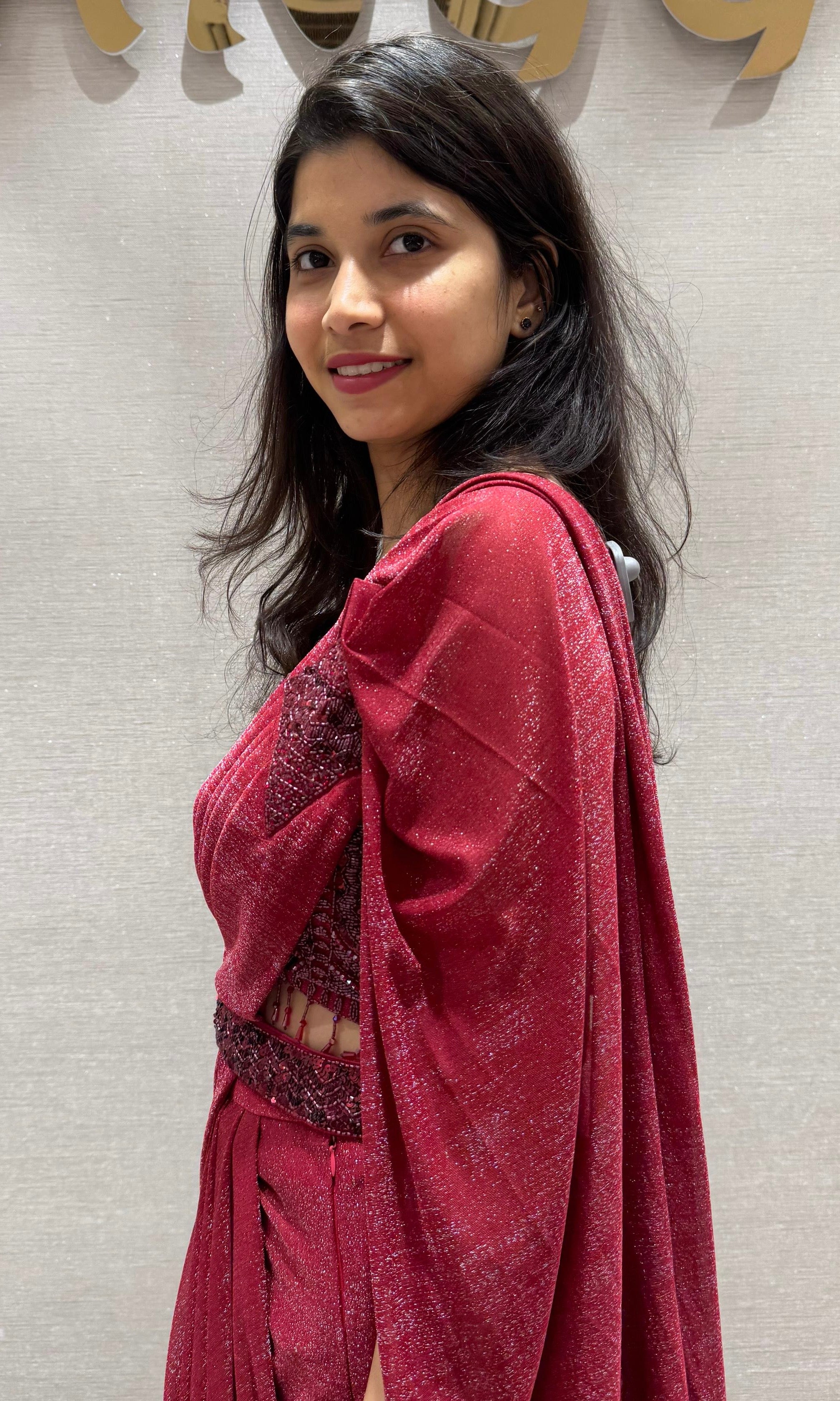 Maroon sequin embroidered drape saree