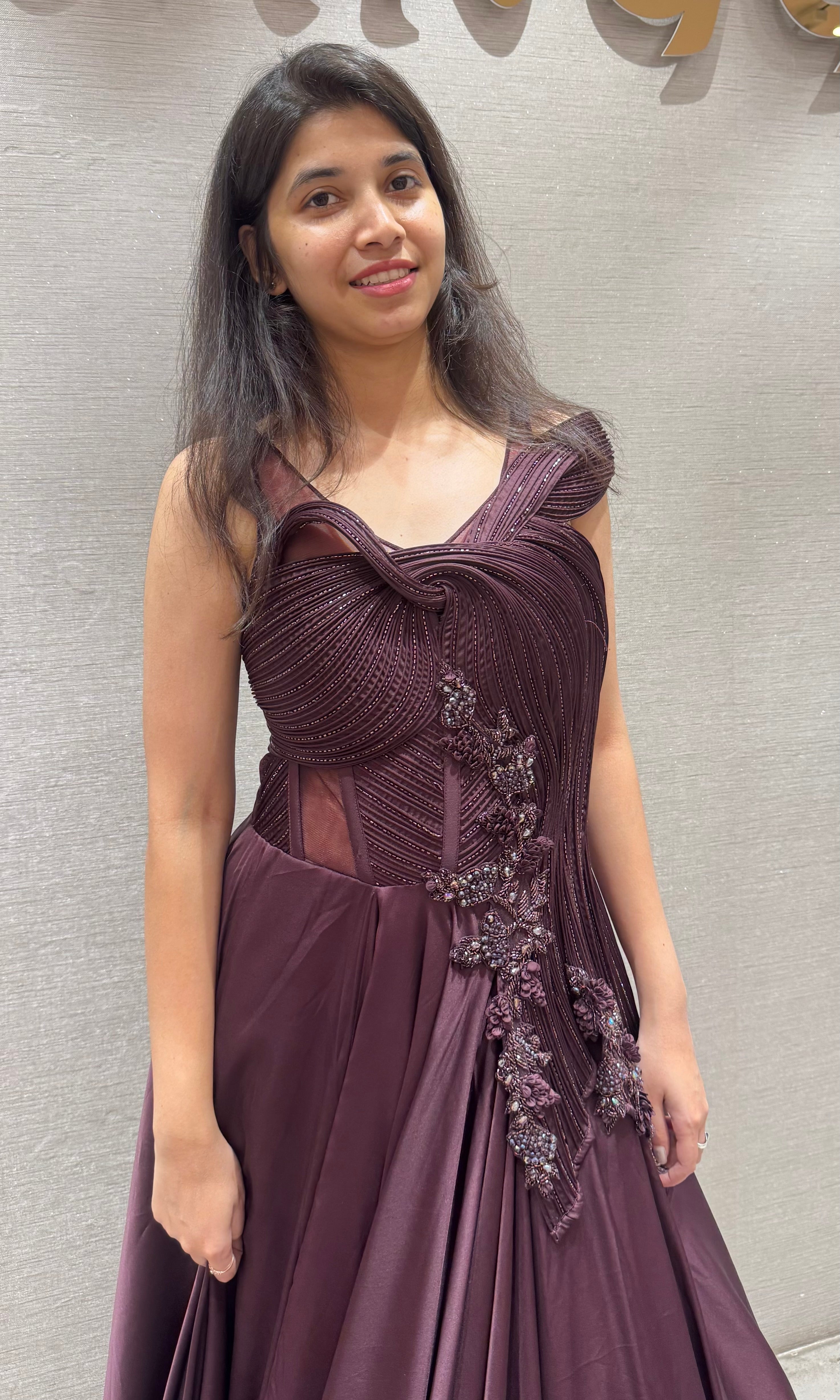 Wine FLORAL EMBELLISHED GOWN