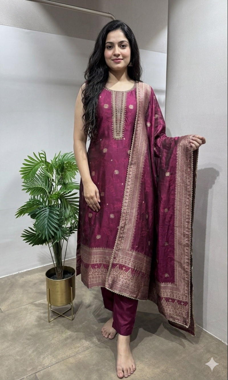 Wine Silk Embroidered Straight Suit Set