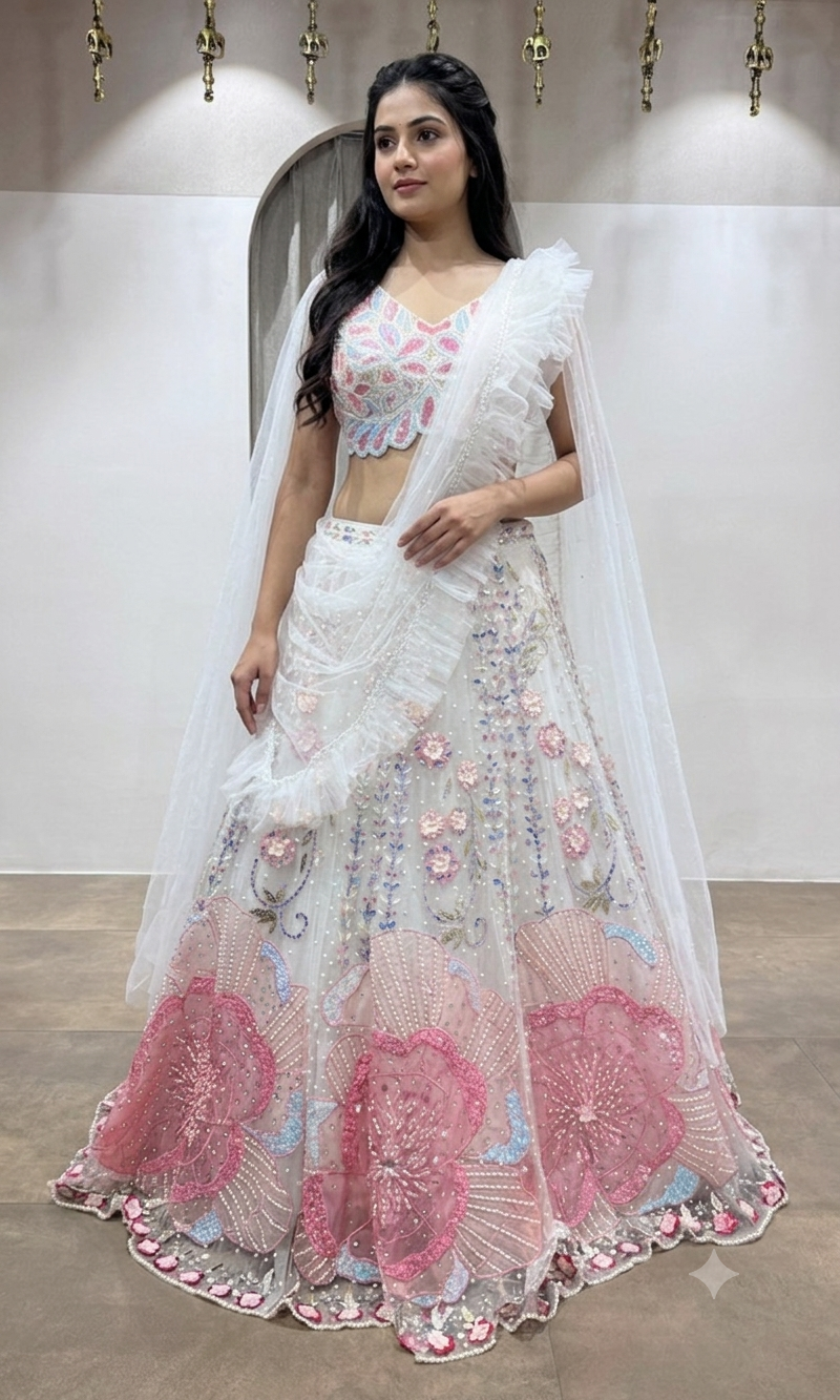 White Organza Lehenga with Pink Threadwork