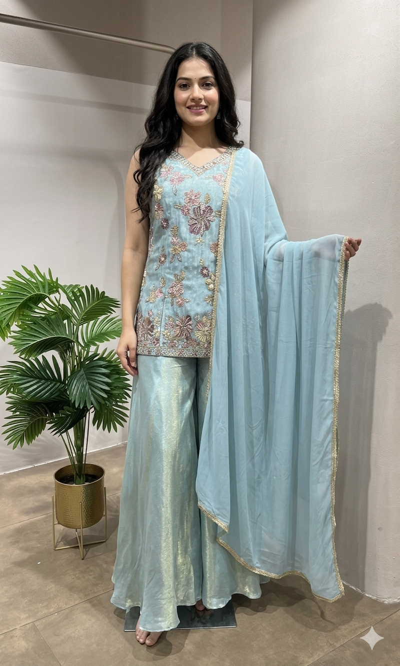 Blue Tissue floral EMBROIDERED SHARARA SET