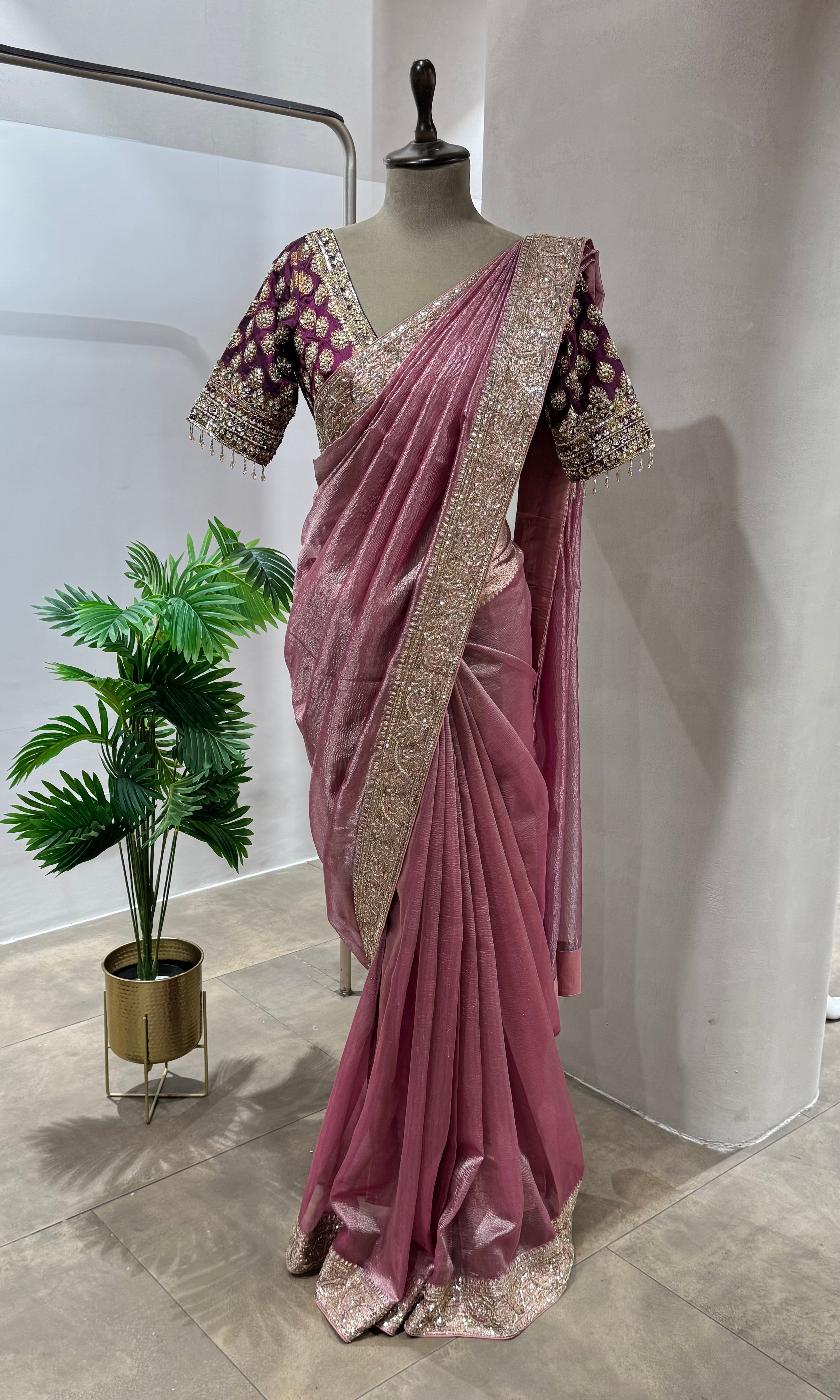 TISSUE WINE BANARASI SAREE WITH BLOUSE