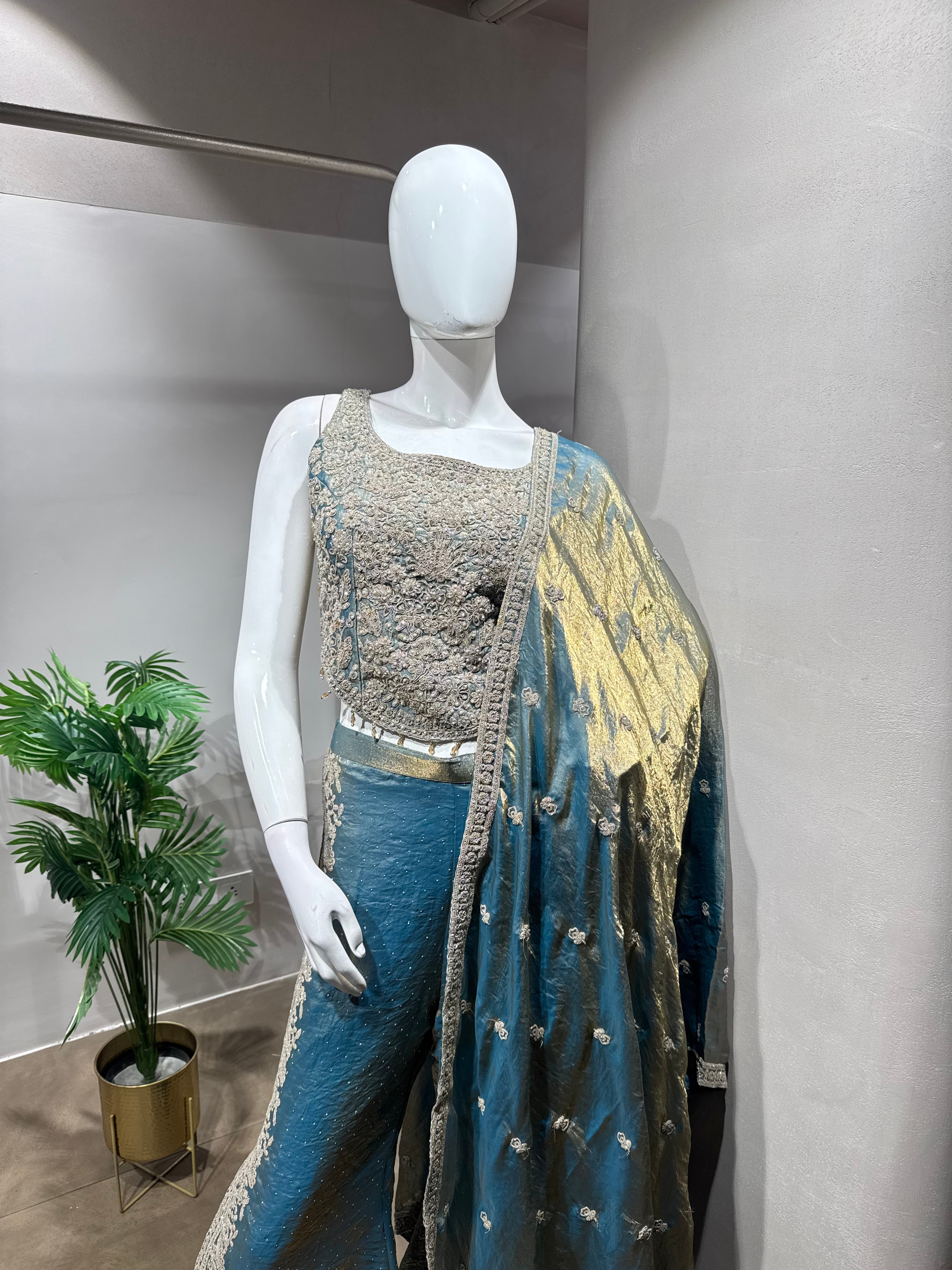 Blue golden Embroidered Tissue palazzo Set