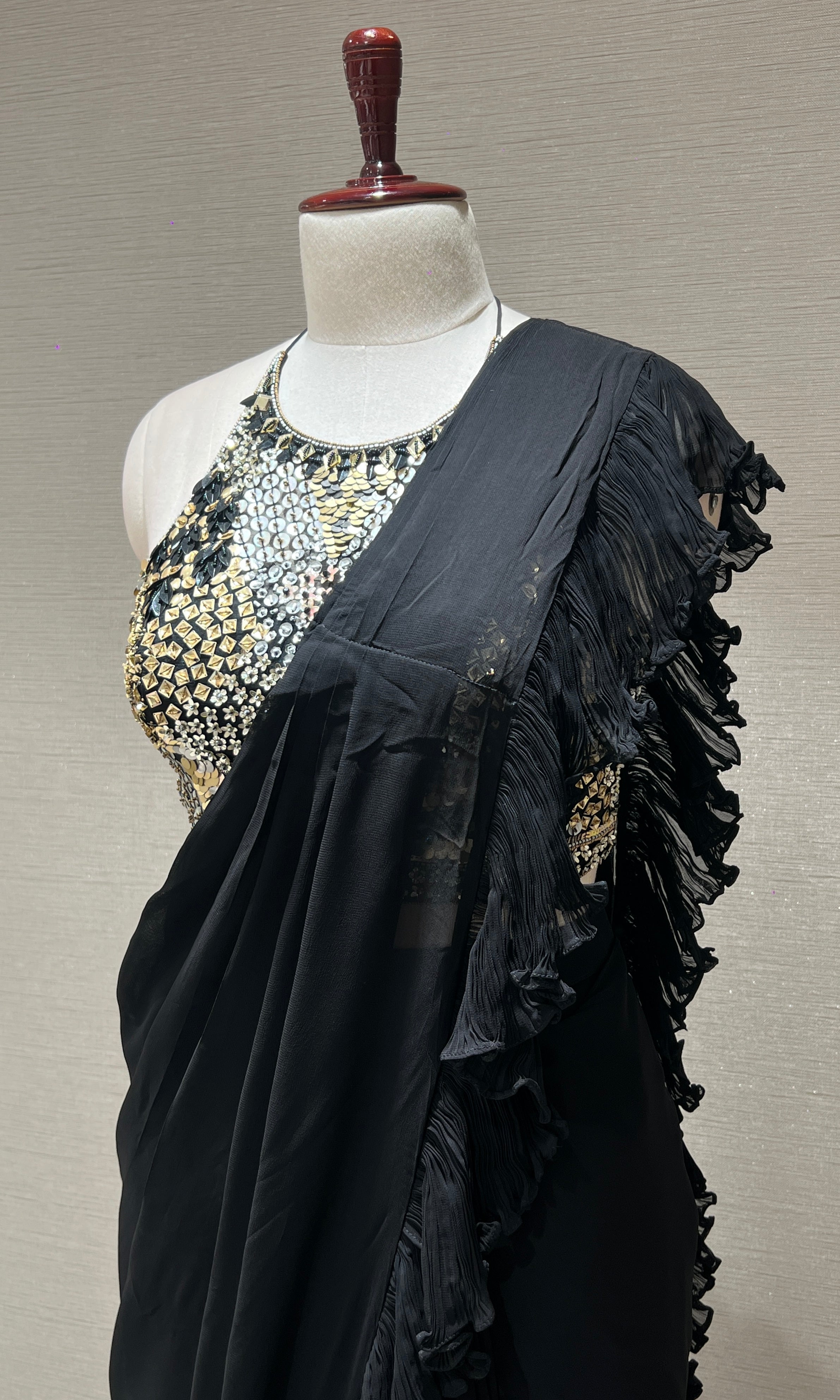 Black drape saree with Sequin Halter Blouse