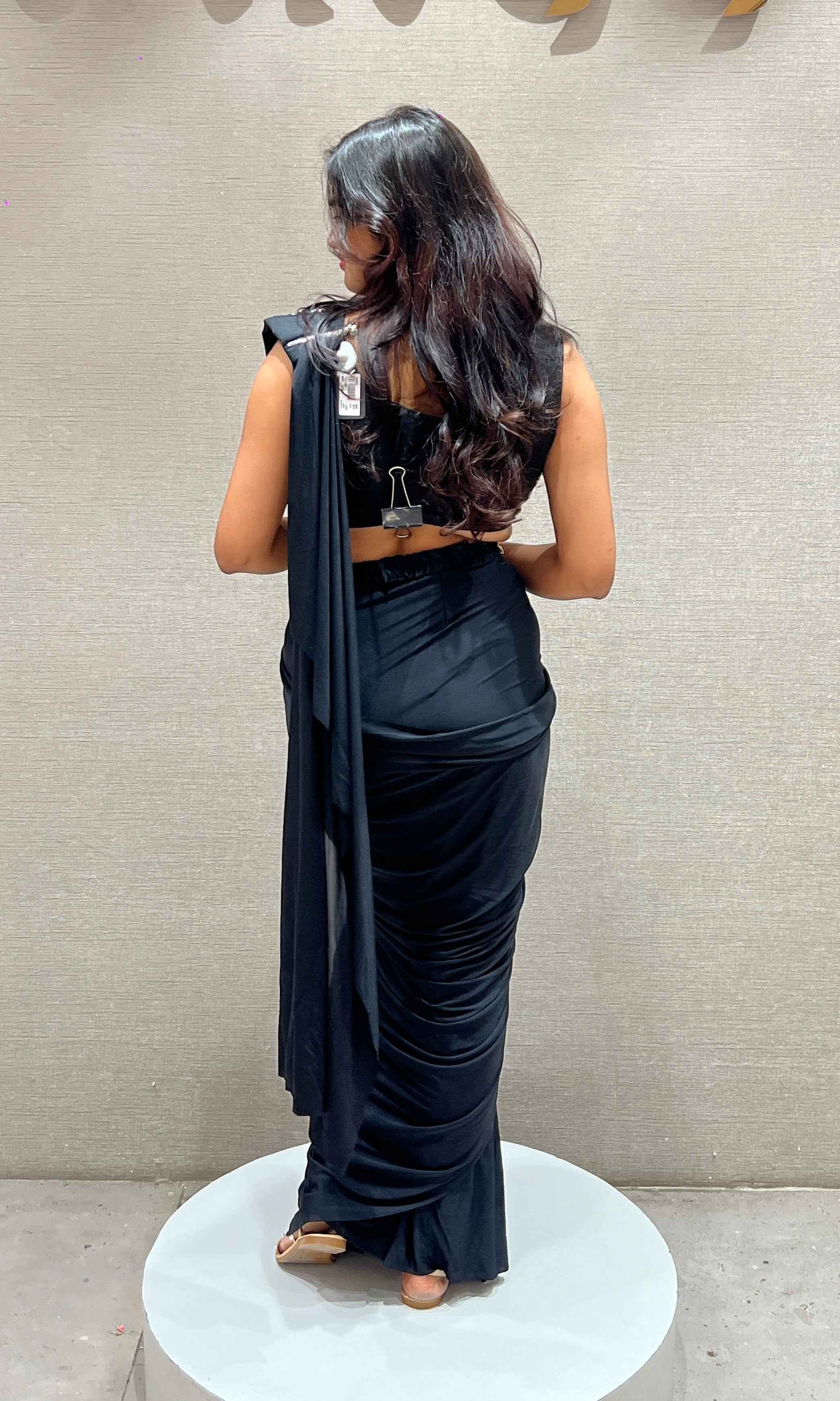 Black Drape Saree with Embroidered Net Corset