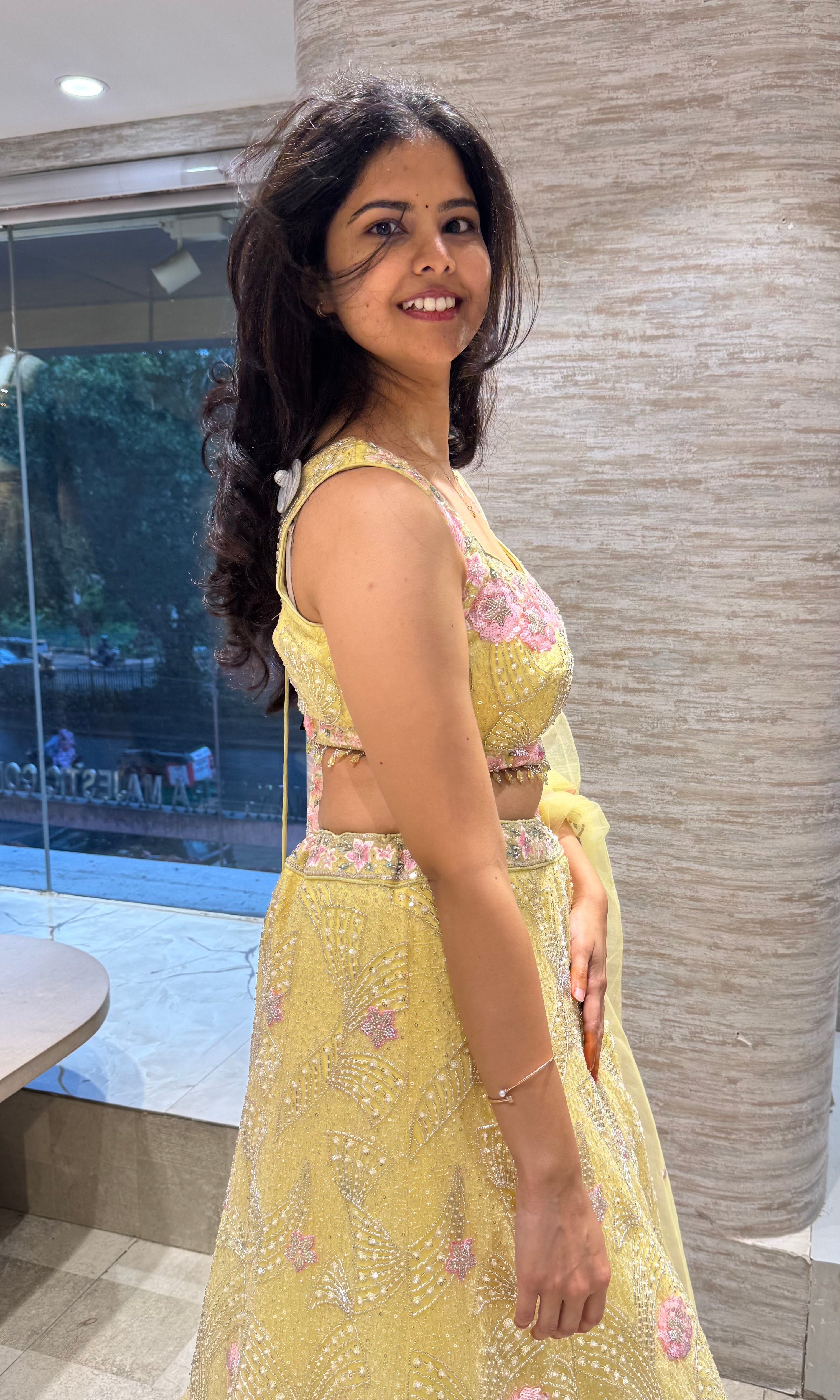 Yellow Embroidered Lehenga Set with Pink Floral