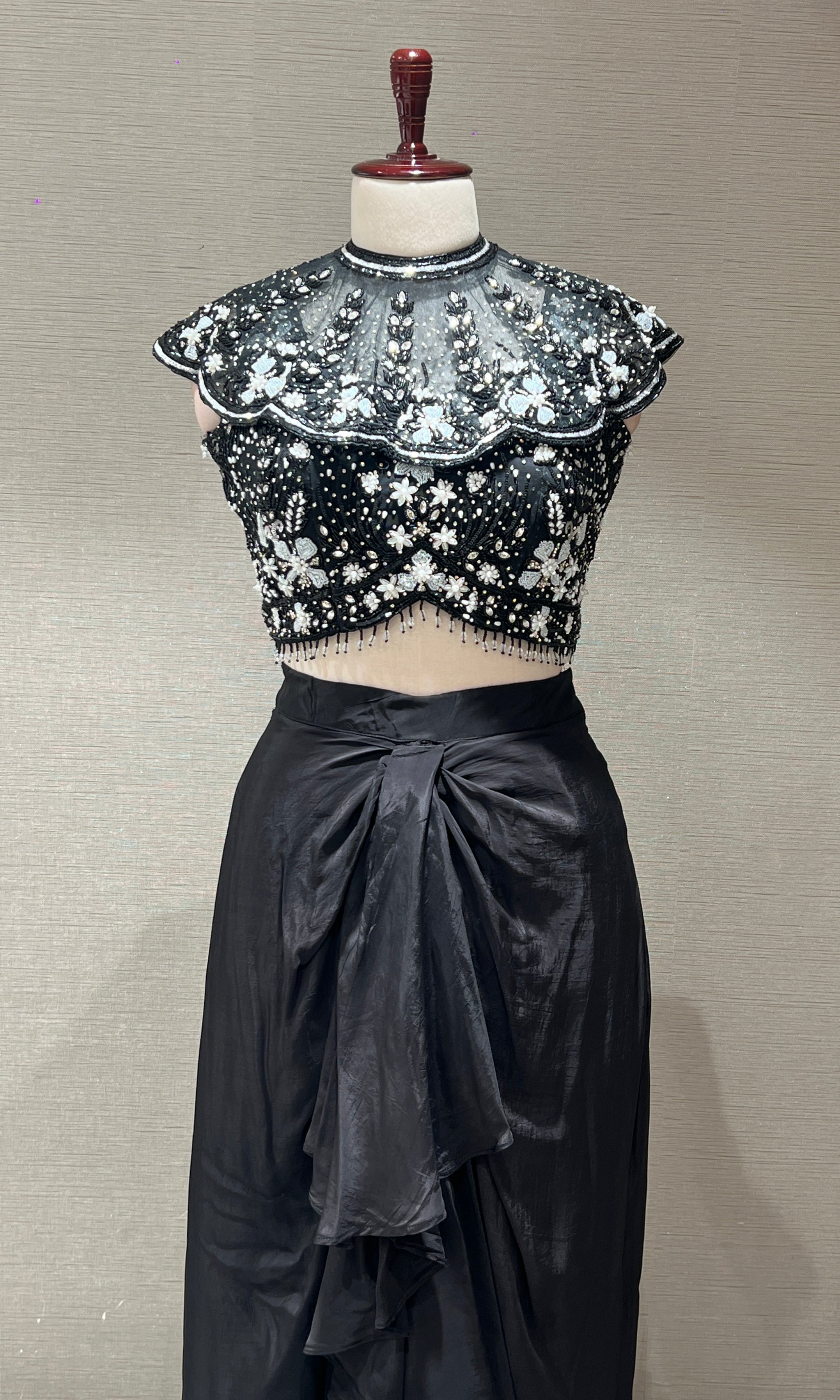 Black Crystal Sequin BLOUSE with Ruffle Drape Skirt