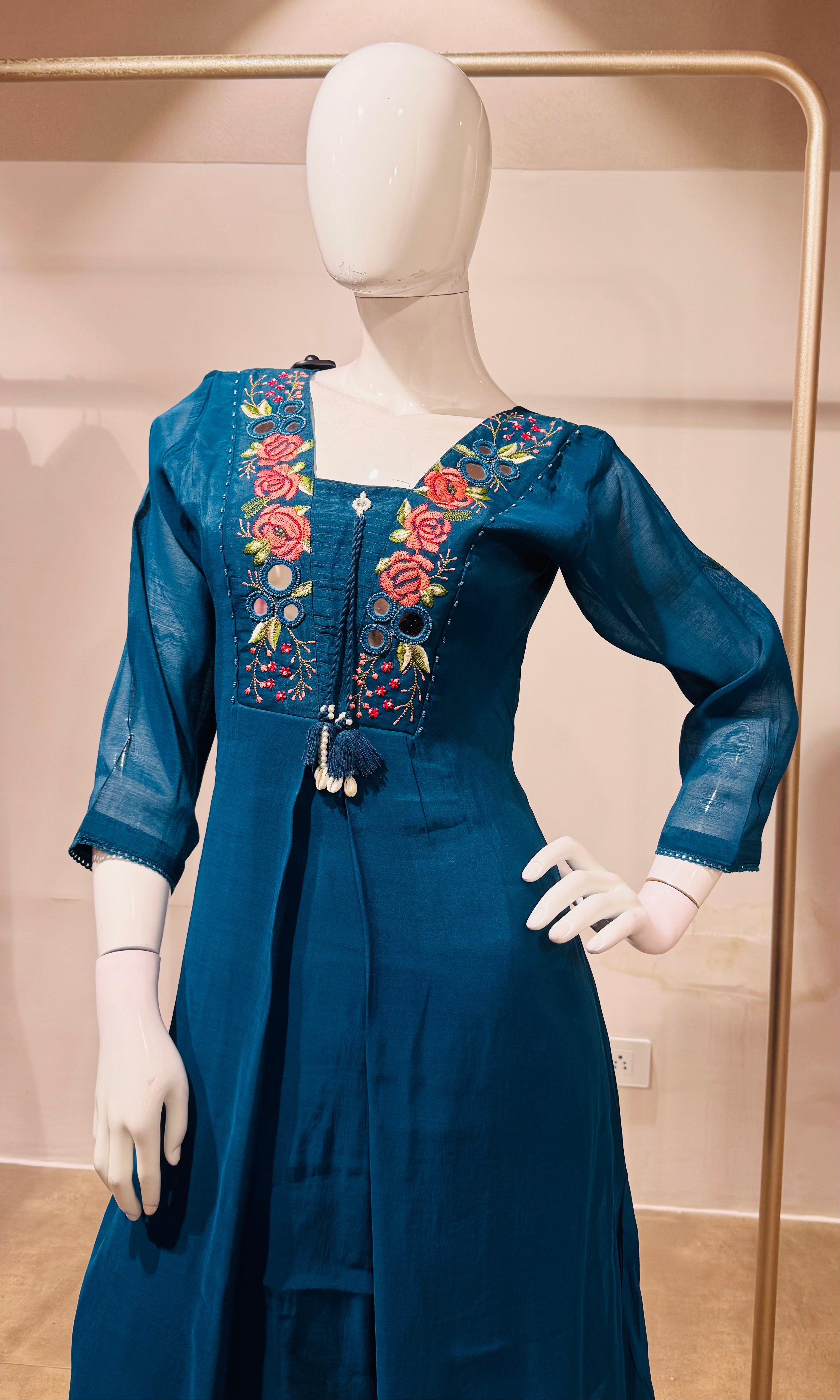 Peacock Blue Ethnic Kurta Set with Multicolored Neckline