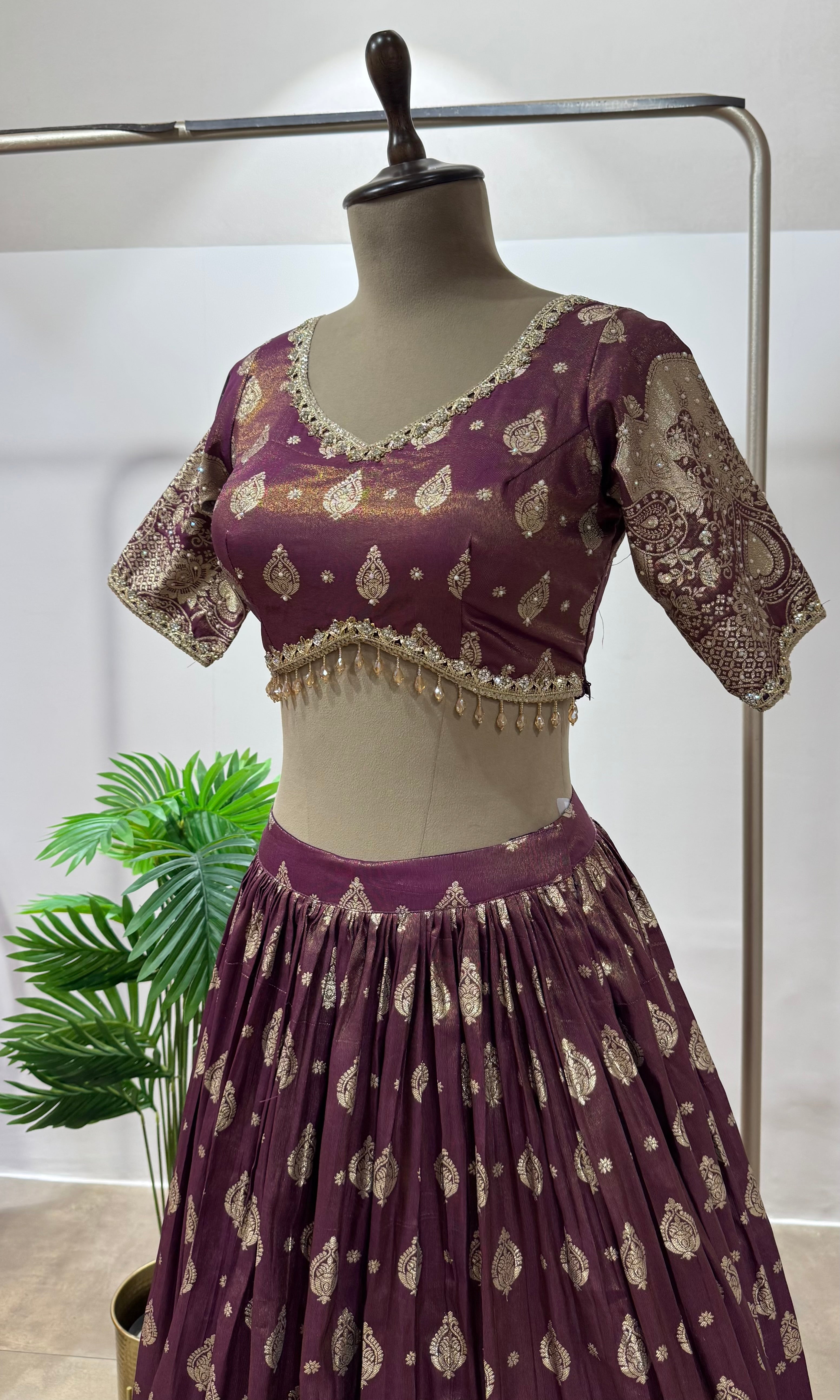 Wine GOLDEN CROP TOP LEHENGA
