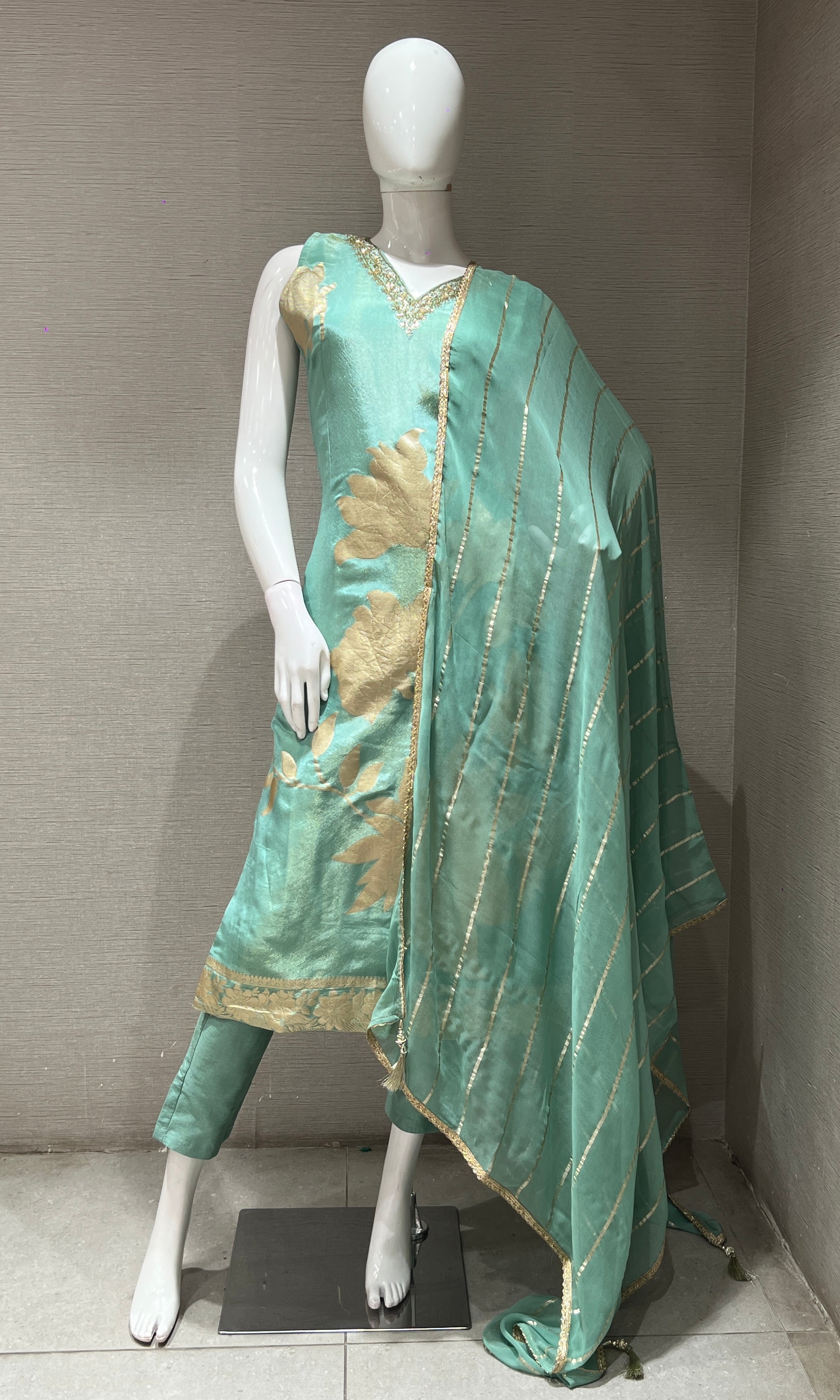 Sea green golden floral kurta set