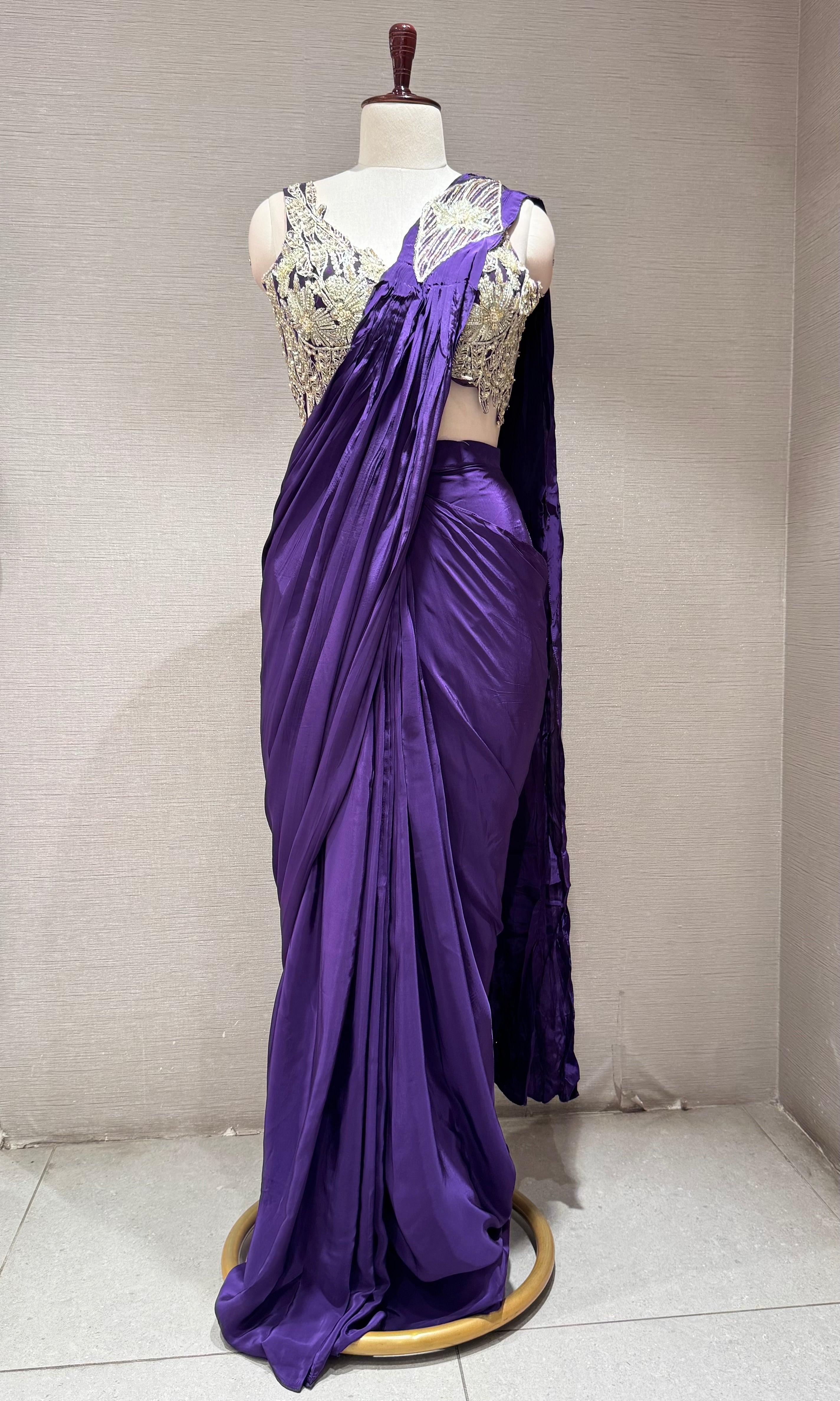 Purple Plum Drape saree with Silver Embroidered blouse