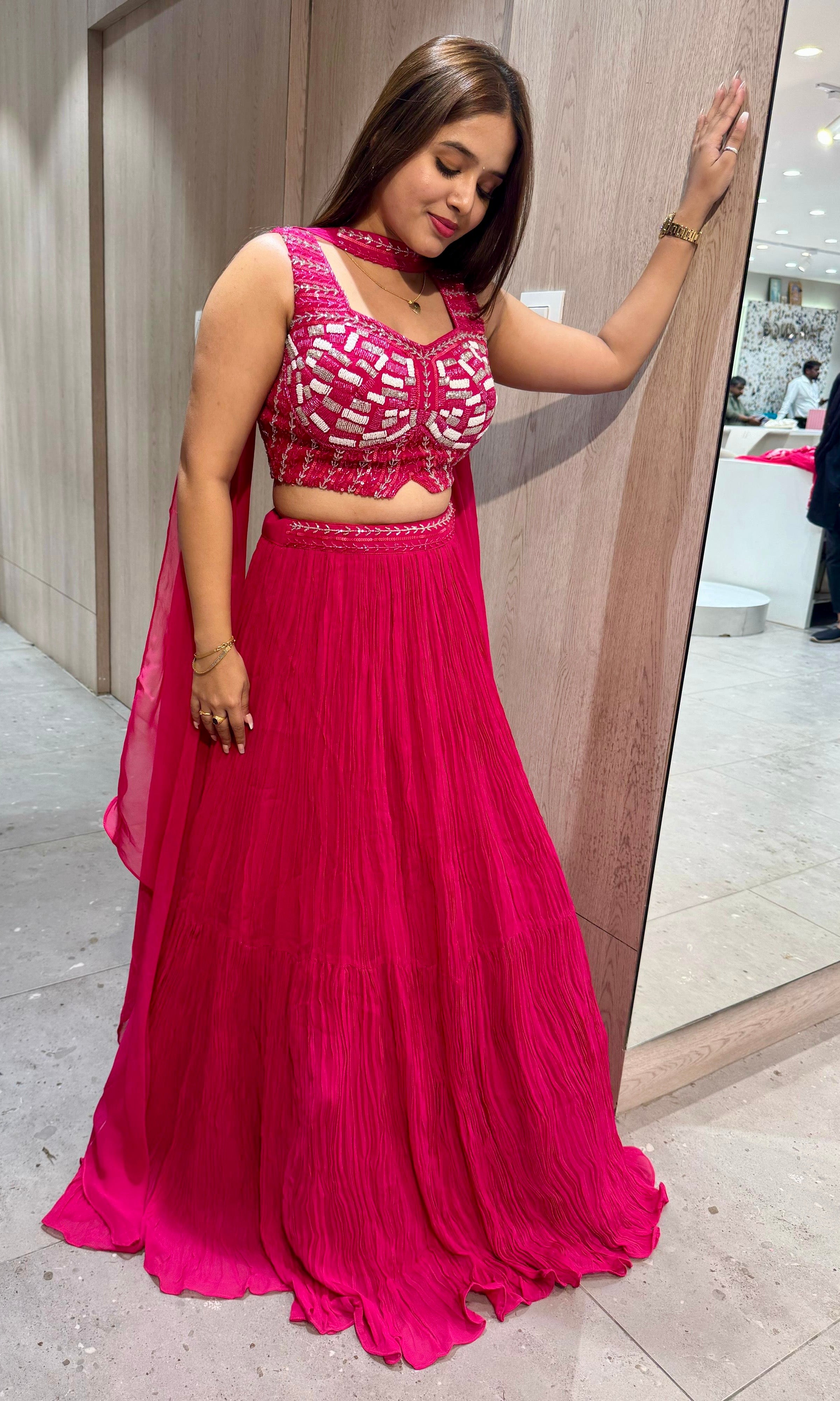 Rani pink croptop with crushed Lehenga
