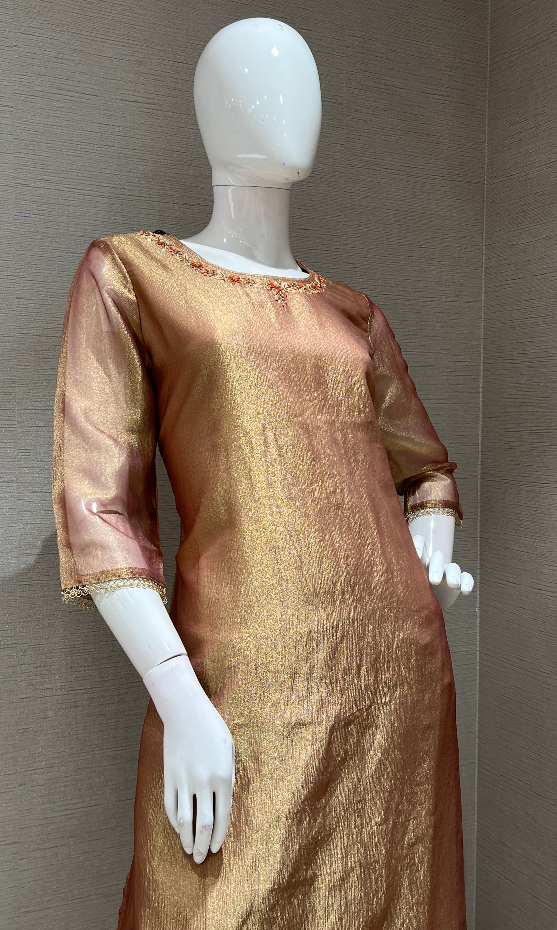 LIGHT BROWN KURTA SET WITH LOTUS PRINT DUPATTA